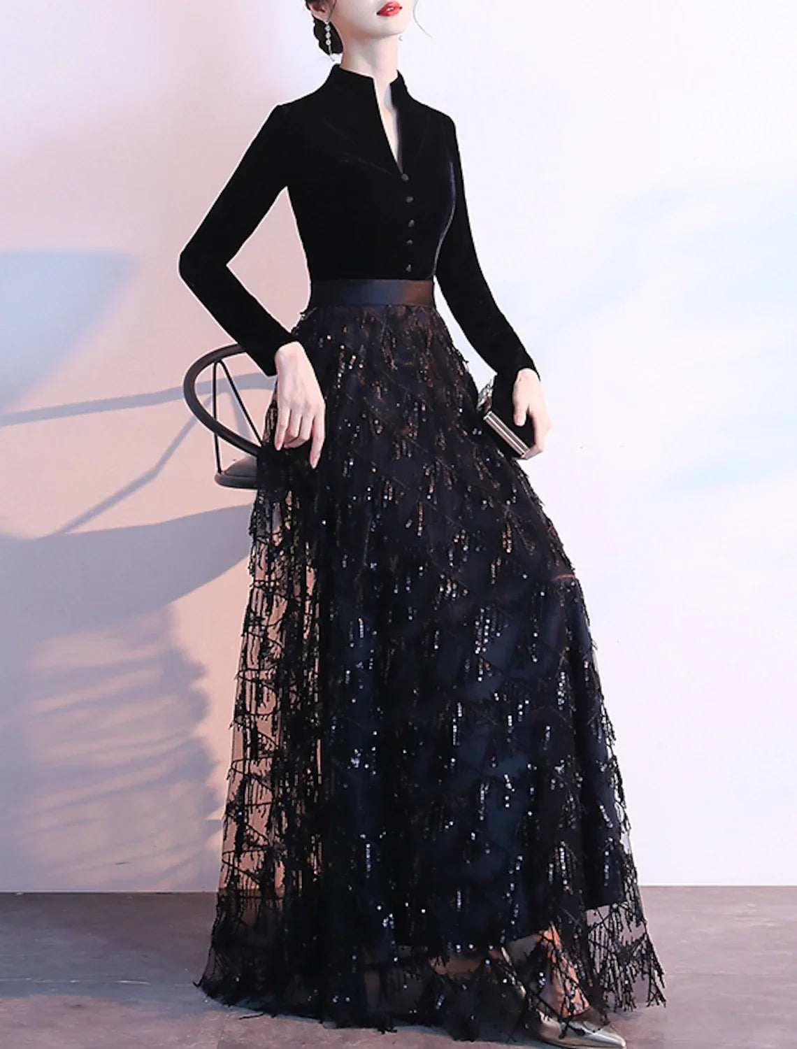 A-Line Sequin Long Sleeve Floor-Length Evening Dress - Chloe Dress