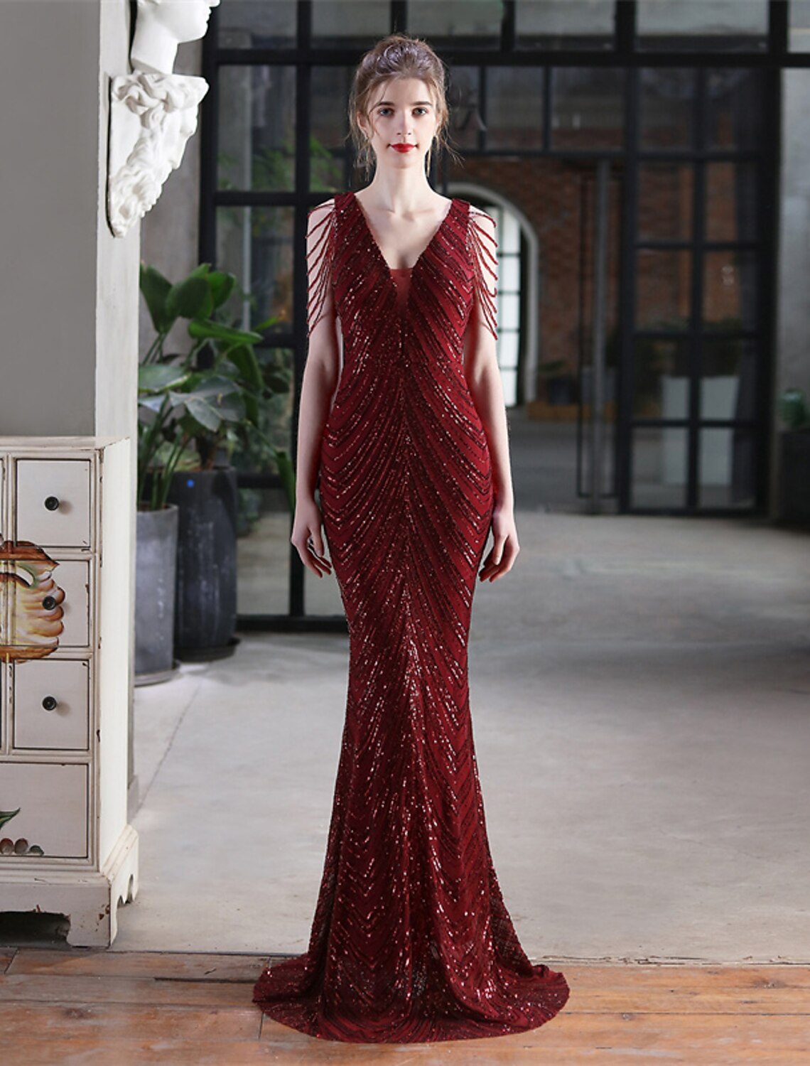 Mermaid V-Neck Sequin Sleeveless Floor-Length Evening Gown - Chloe Dress