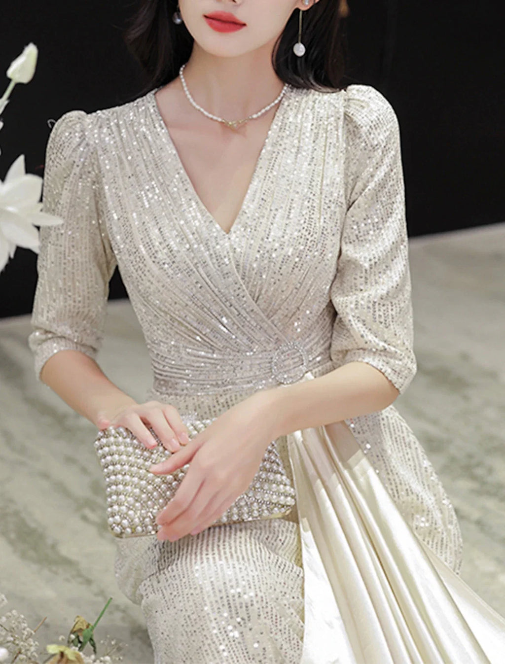 A-Line V-Neck Sequin Floor-Length Evening Gown - Chloe Dress