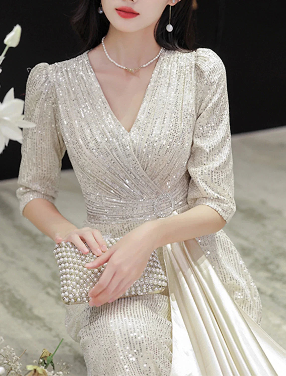 A-Line V-Neck Sequin Floor-Length Evening Gown - Chloe Dress