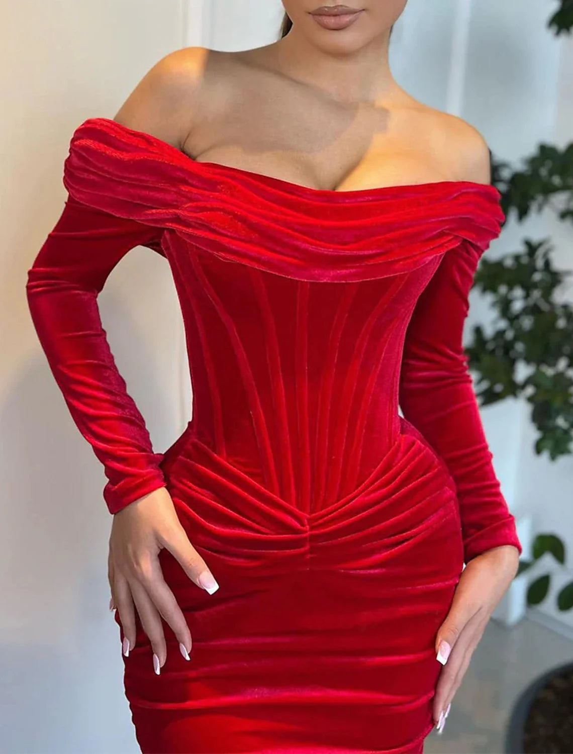 Green Mermaid Off-Shoulder Velvet Long Sleeve Lace-Up Back Train Evening Gown - Chloe Dress