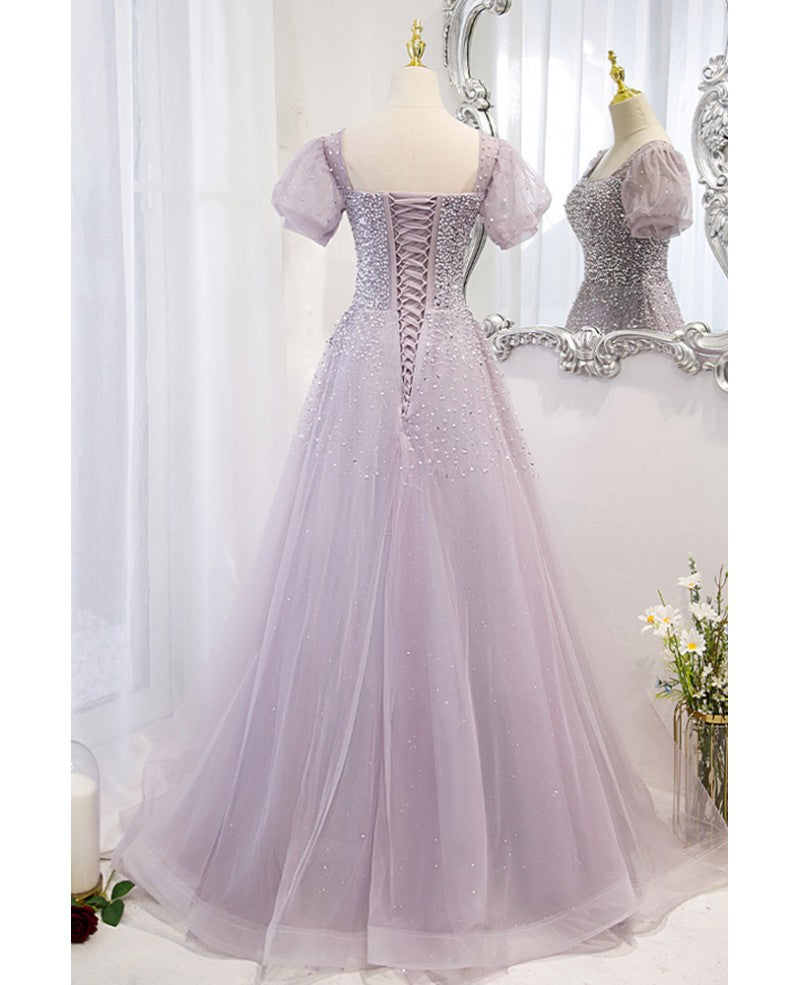 Lavender A-Line Square Neck Sequin Short Sleeve Backless Beaded Floor-Length Evening Dress - Chloe Dress