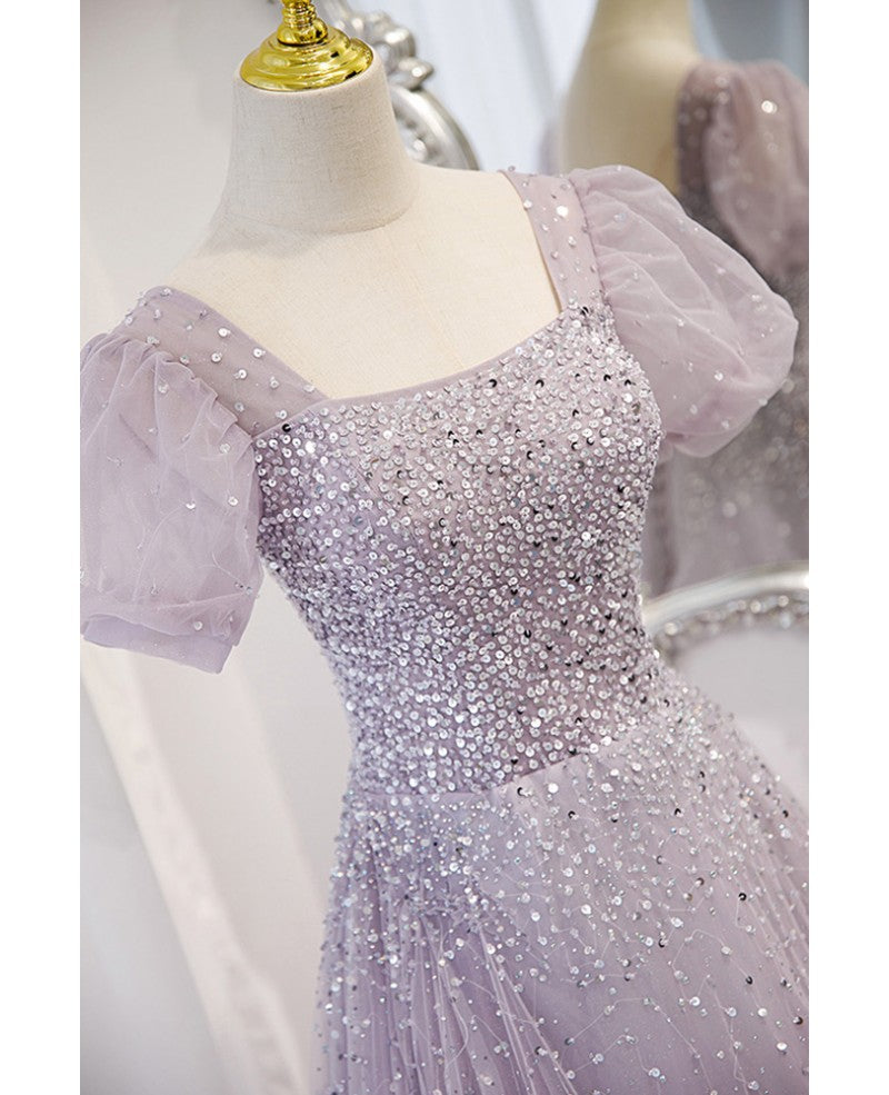 Lavender A-Line Square Neck Sequin Short Sleeve Backless Beaded Floor-Length Evening Dress - Chloe Dress