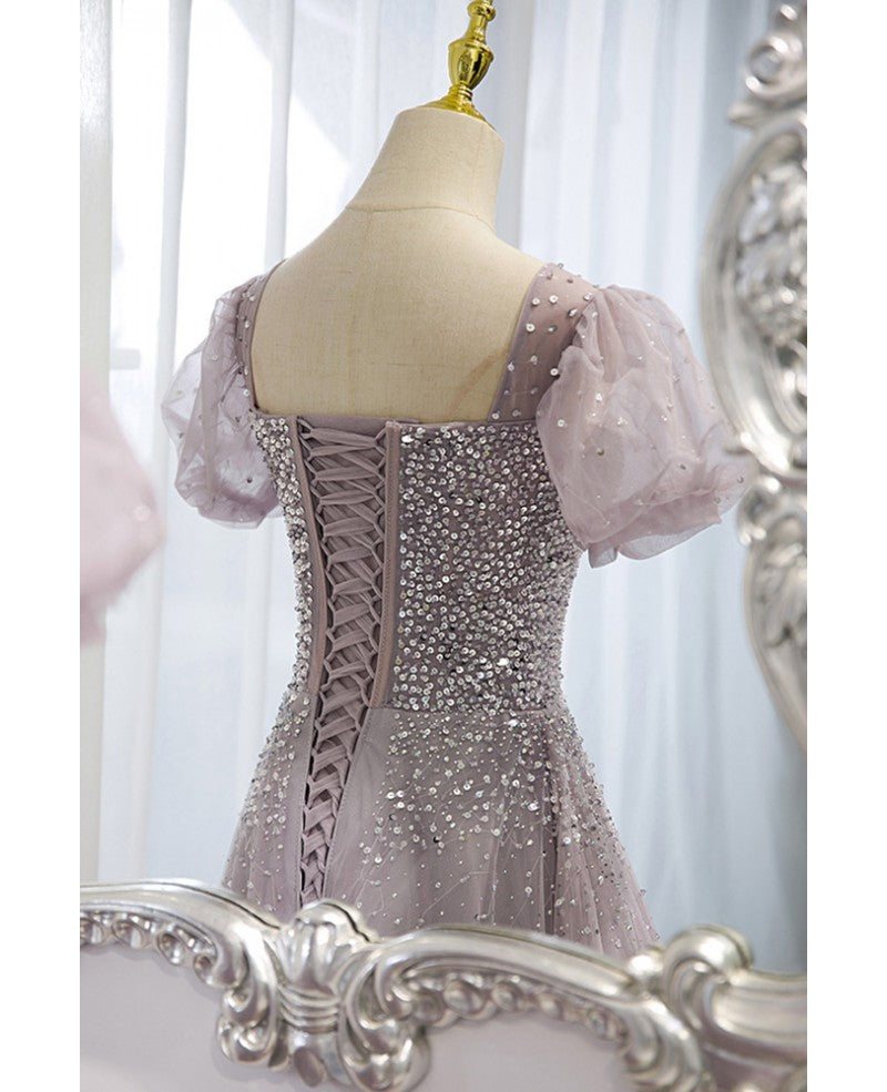 Lavender A-Line Square Neck Sequin Short Sleeve Backless Beaded Floor-Length Evening Dress - Chloe Dress
