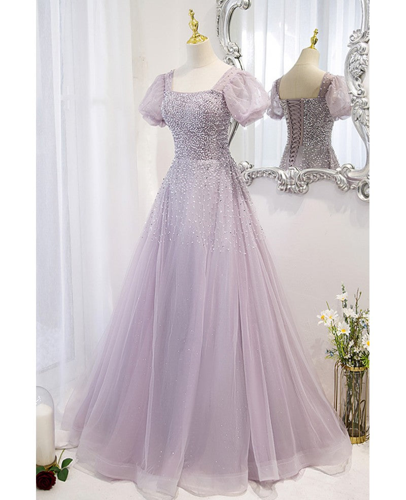 Lavender A-Line Square Neck Sequin Short Sleeve Backless Beaded Floor-Length Evening Dress - Chloe Dress