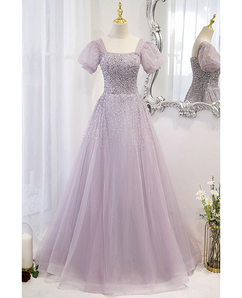 Lavender A-Line Square Neck Sequin Short Sleeve Backless Beaded Floor-Length Evening Dress - Chloe Dress