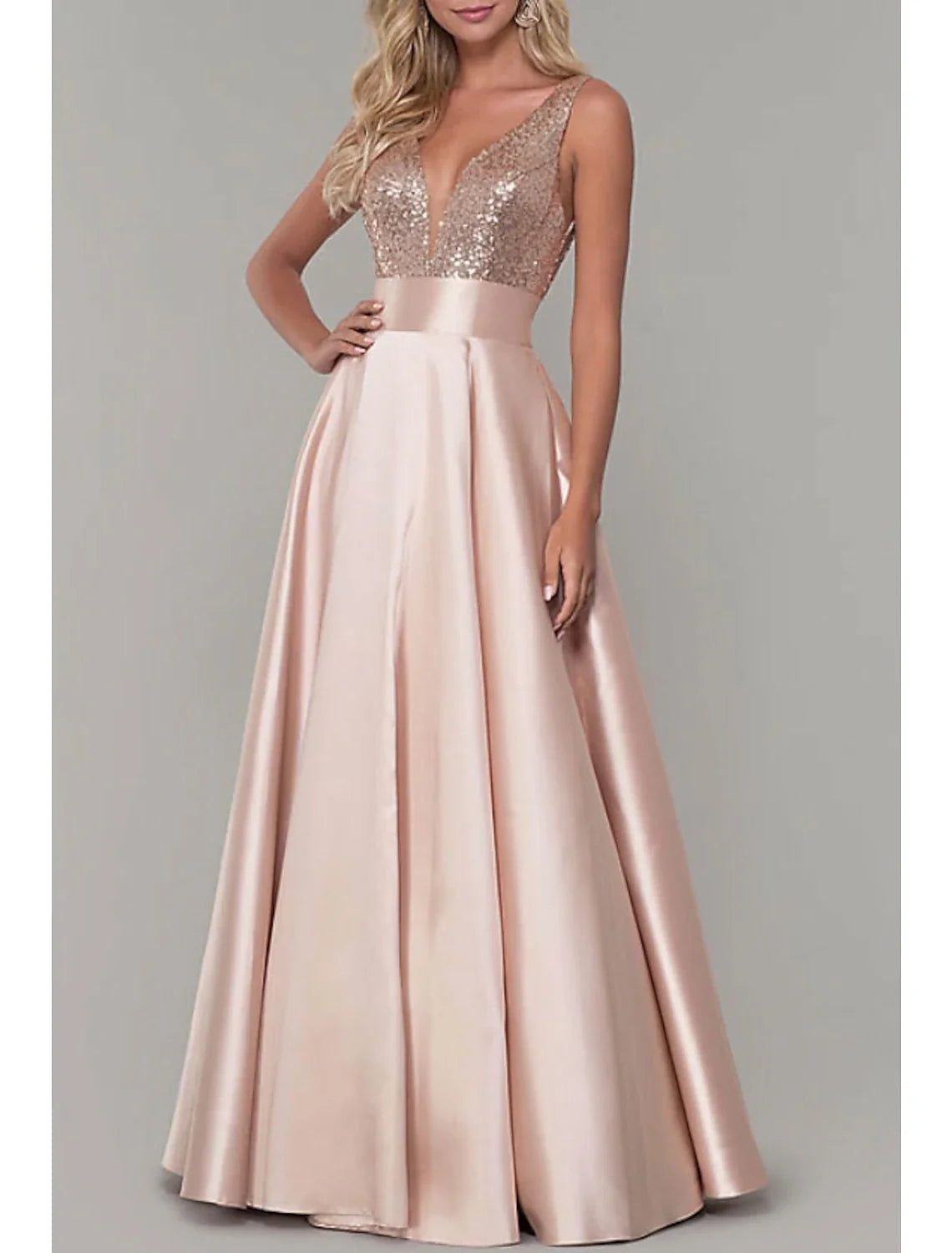 A-Line V-Neck Satin Sleeveless Pleated Floor-Length Evening Dress - Chloe Dress