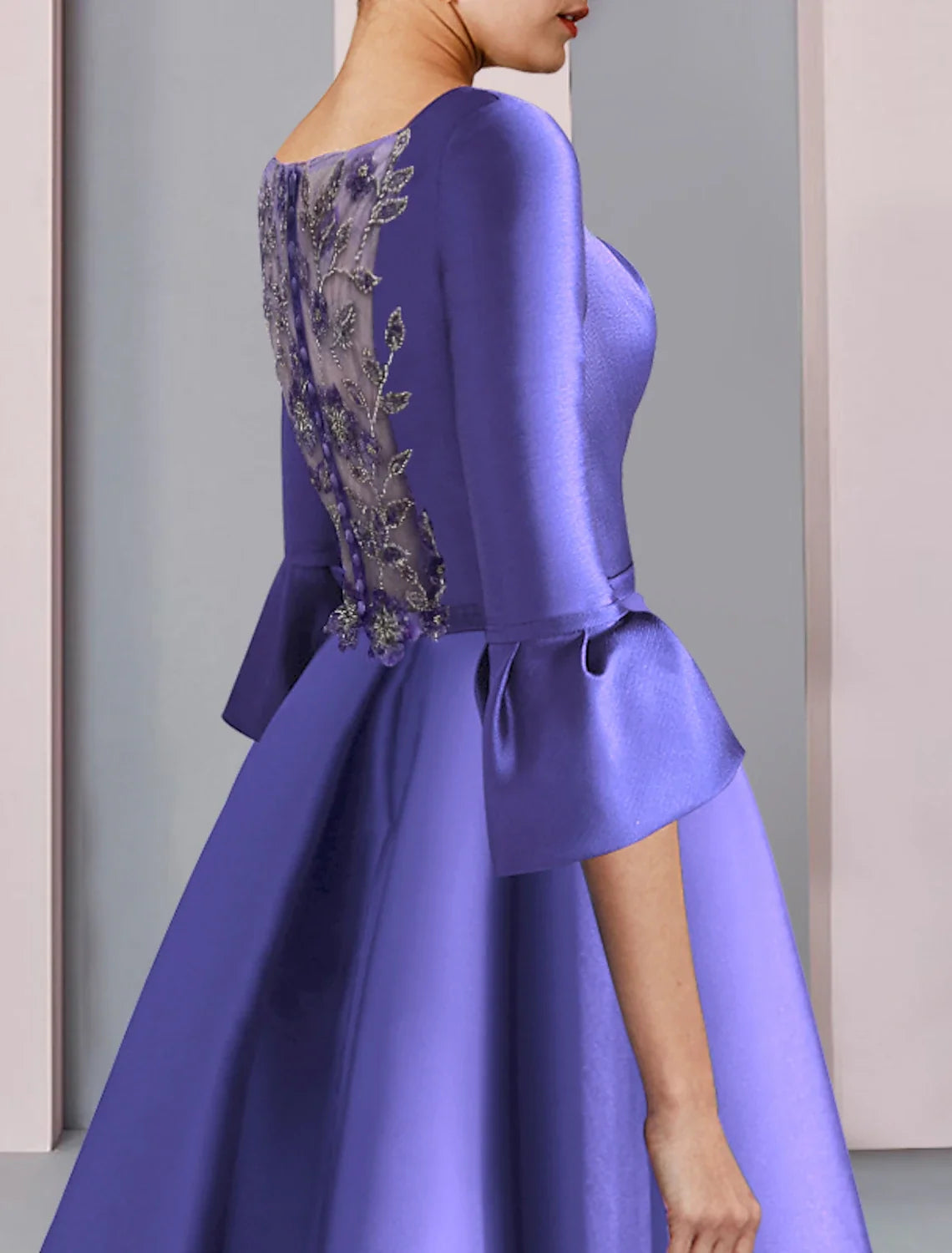 A-Line Satin Three-Quarter Sleeve Pleated Floor-Length Party Dress - Chloe Dress