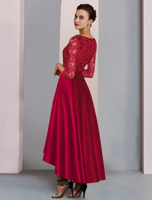 A-Line High Neck Satin Three-Quarter Sleeve Pleated Tea-Length Wedding Dress - Chloe Dress