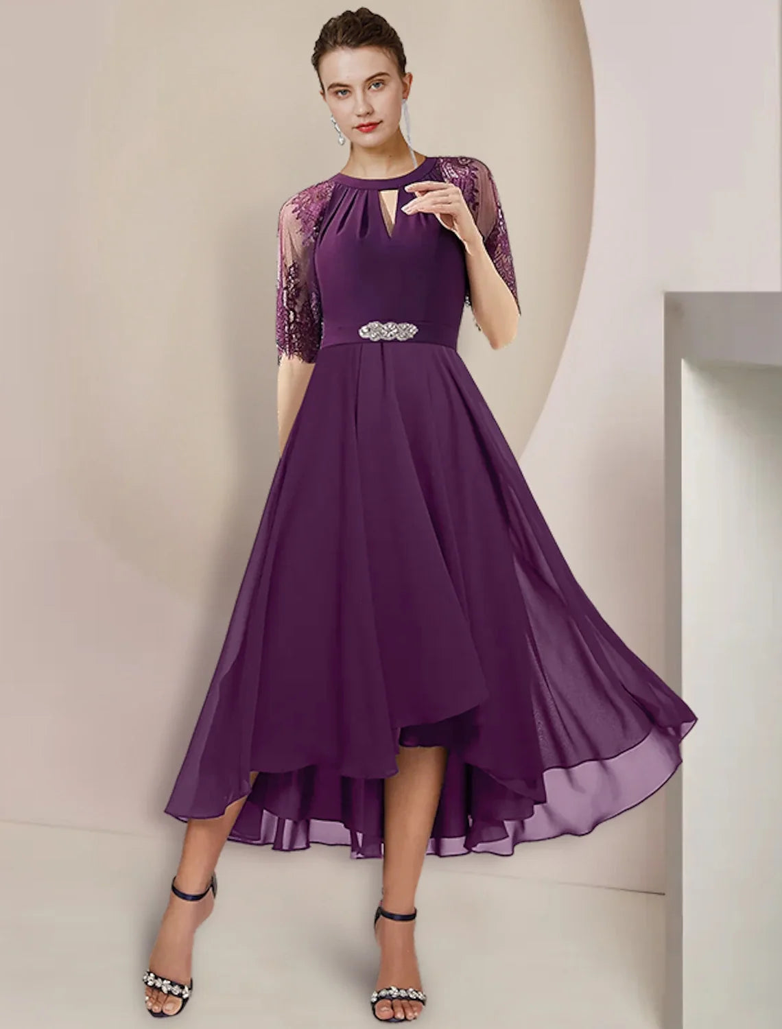 A-Line High Neck Chiffon Three-Quarter Sleeve Pleated Tea-Length Wedding Dress - Chloe Dress