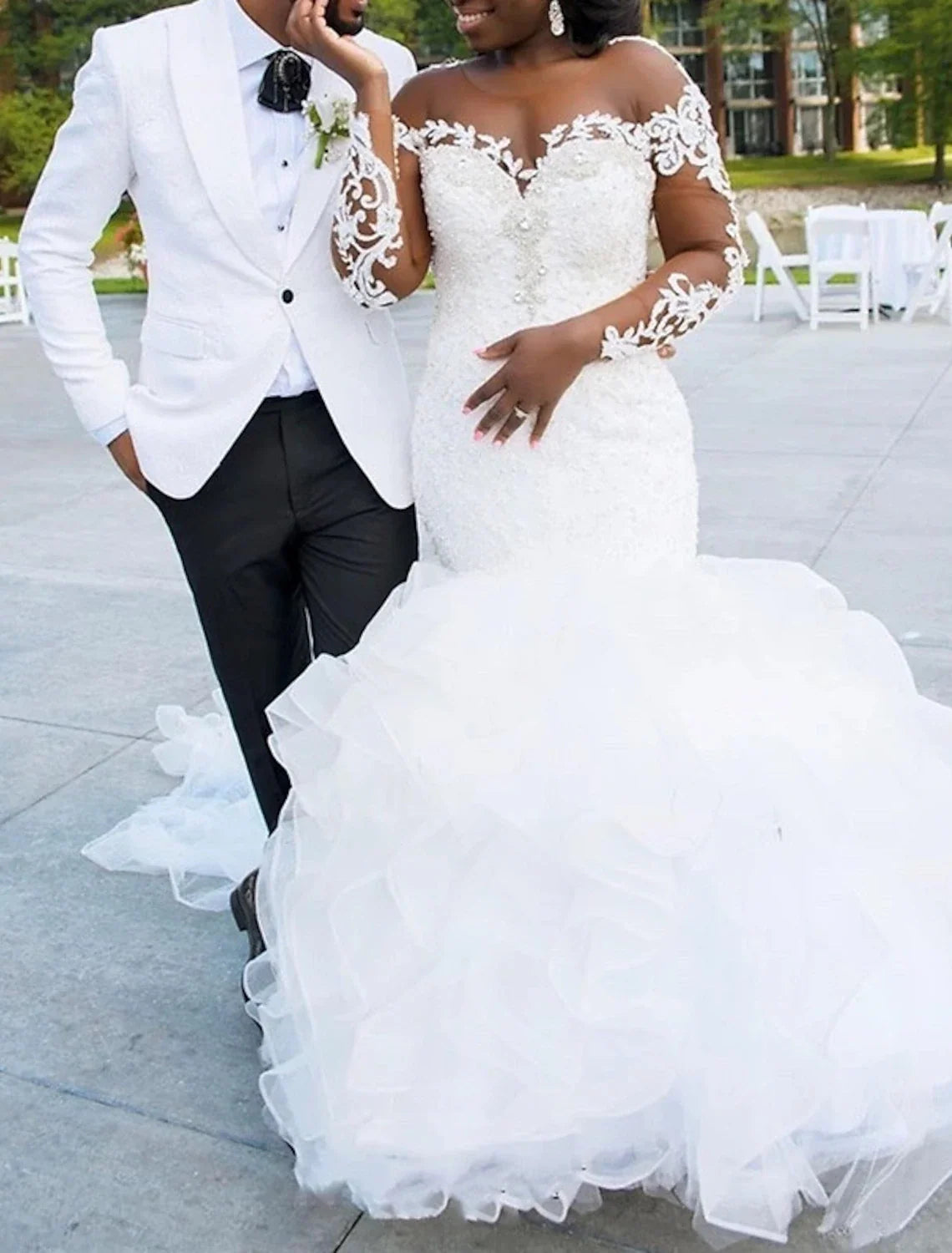 Mermaid Off-Shoulder Lace Long Sleeve Train Wedding Gown - Chloe Dress