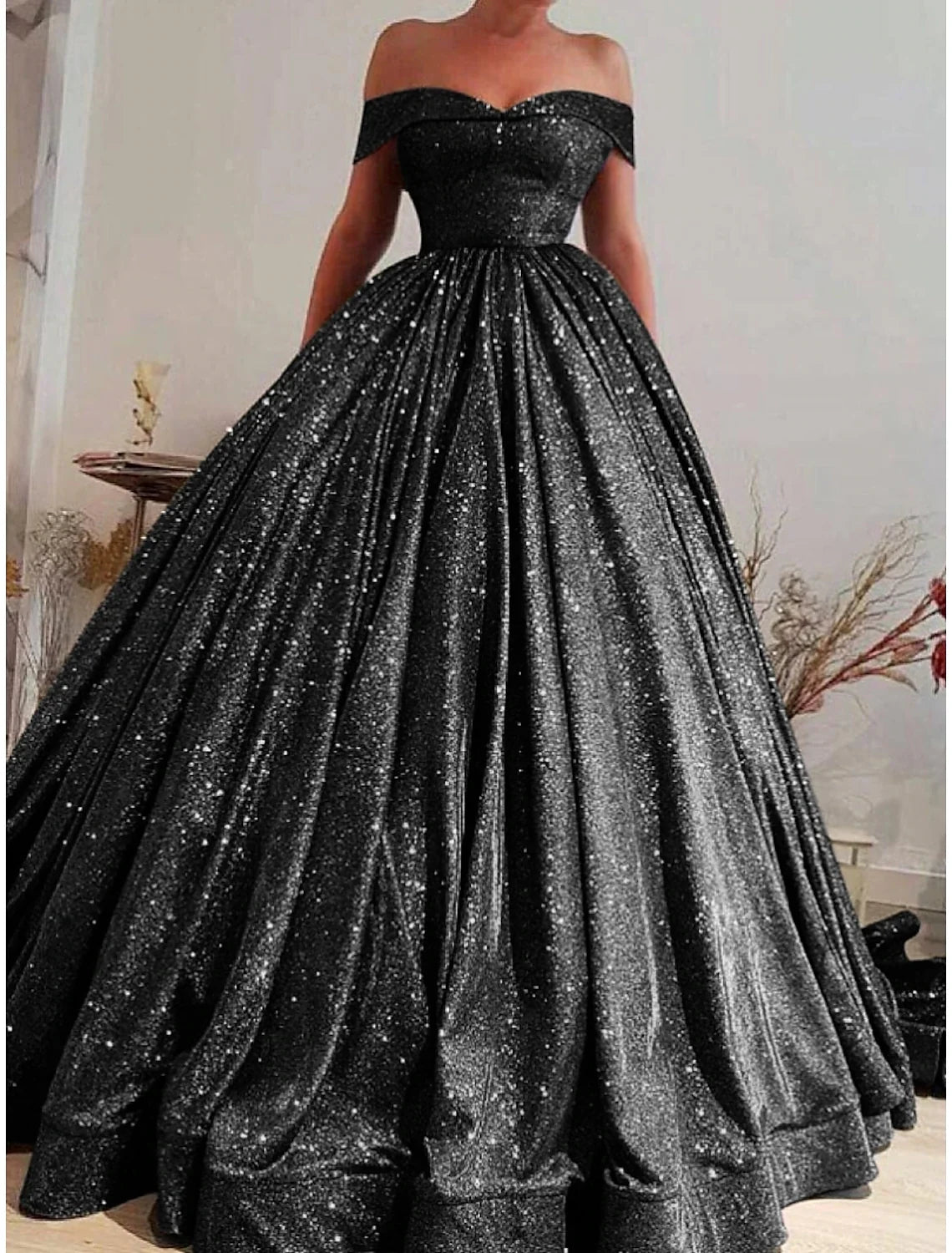 Black A-Line Off-Shoulder Sequin Short Sleeve Pleated Mini Prom Dress - Chloe Dress