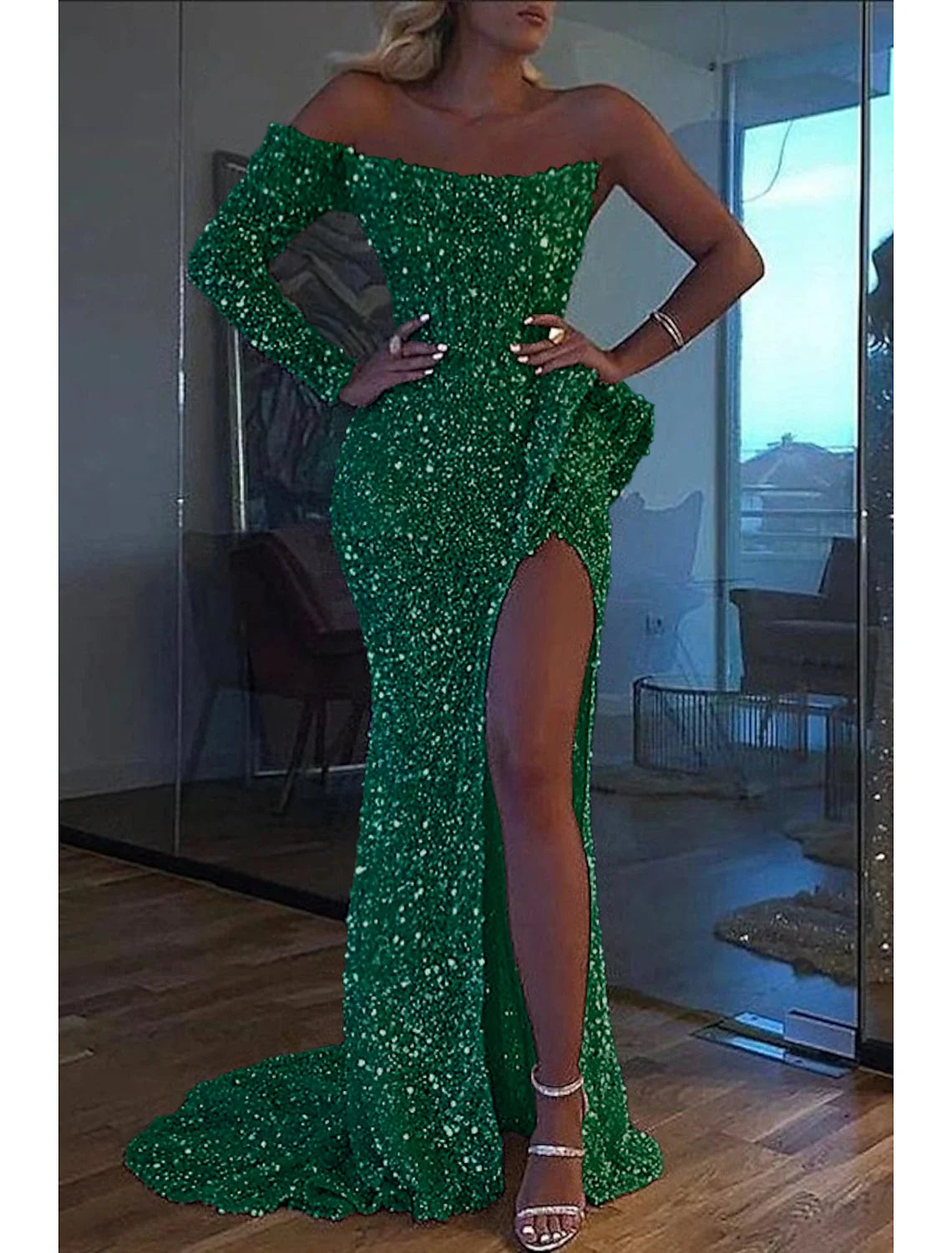 Green Mermaid One-Shoulder Sequin Long Sleeve High Slit Evening Gown - Chloe Dress