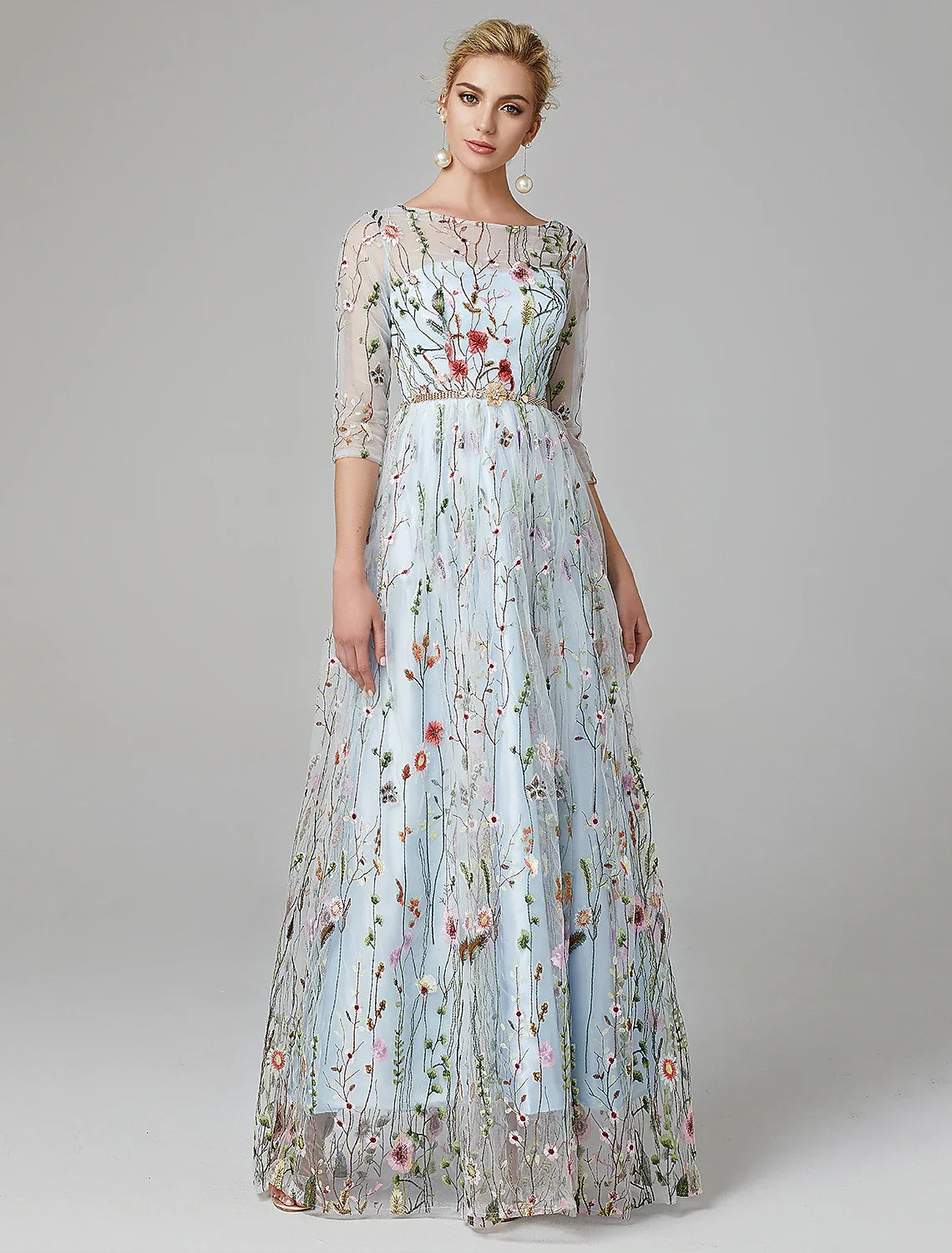 A-Line Illusion Lace Three-Quarter Sleeve Floor-Length Evening Gown - Chloe Dress