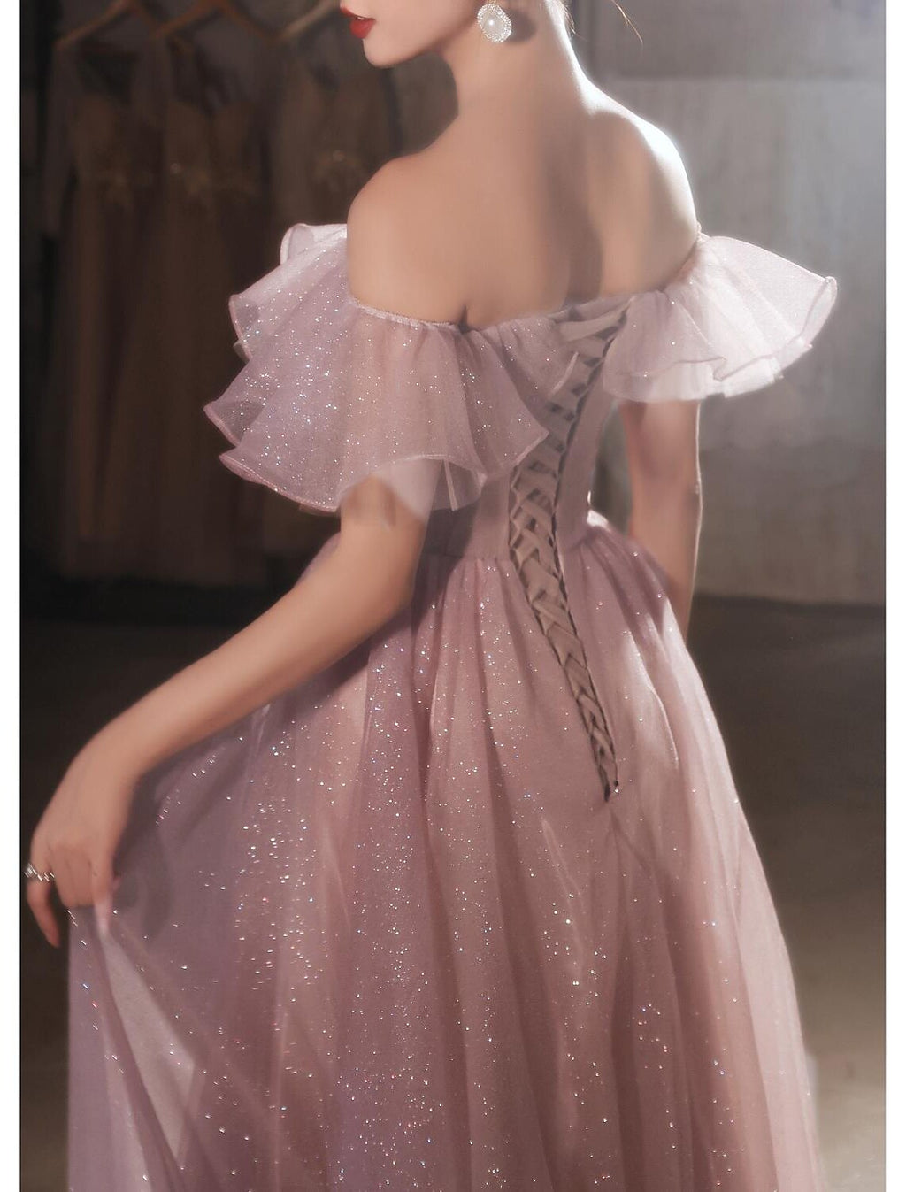 A-Line Off-Shoulder Lace Short Sleeve Applique Floor-Length Evening Dress - Chloe Dress
