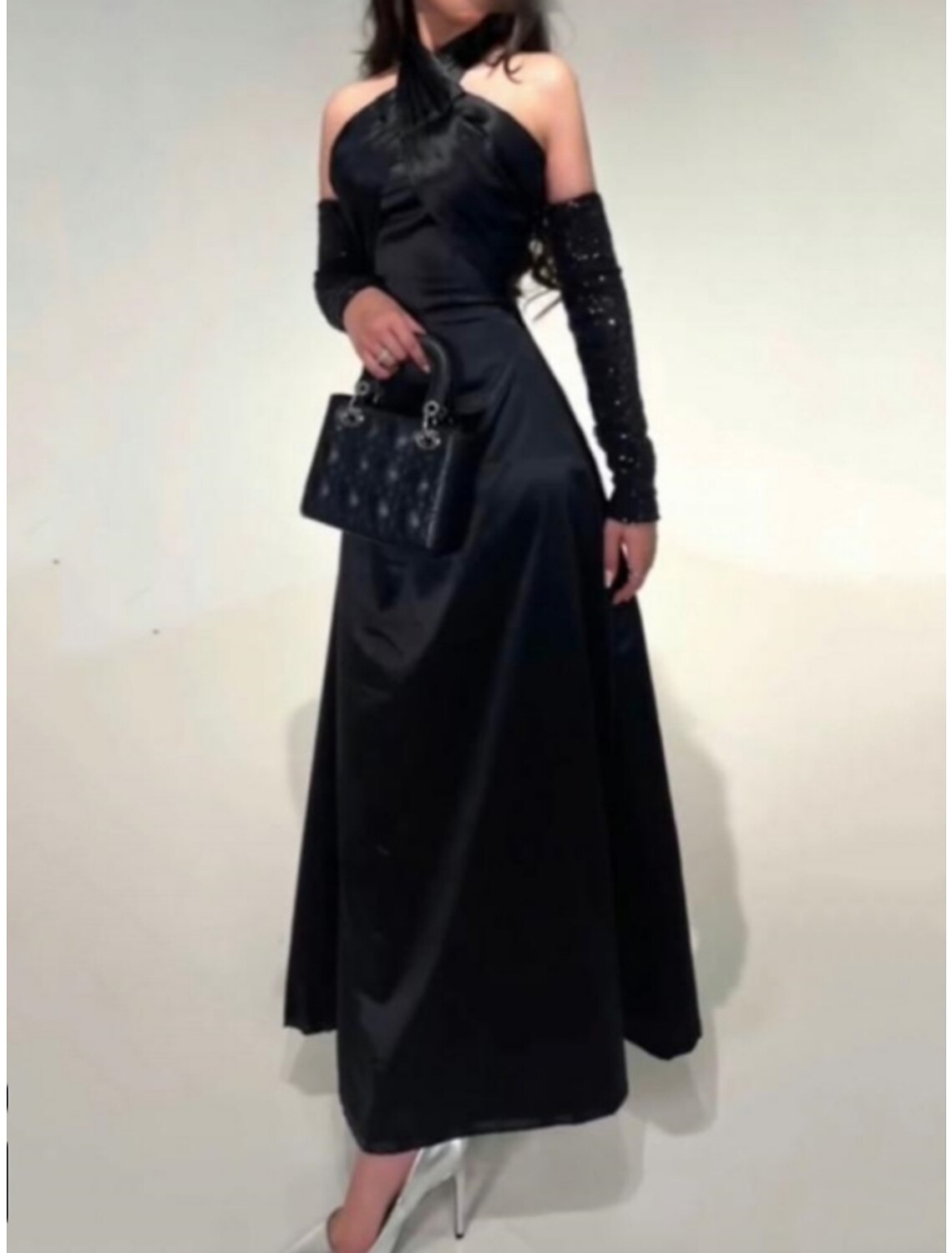 Black A-Line Halter Satin Sleeveless Pleated Ankle-Length Evening Gown - Chloe Dress