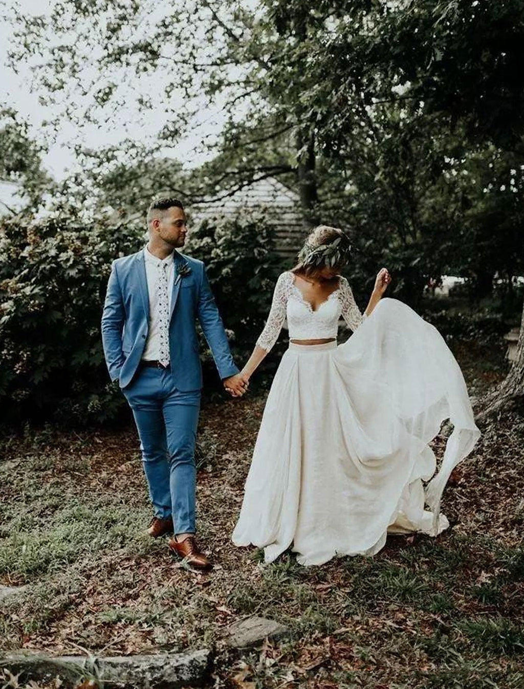 Ball Gown V-Neck Chiffon Three-Quarter Sleeve Pleated Wedding Gown - Chloe Dress