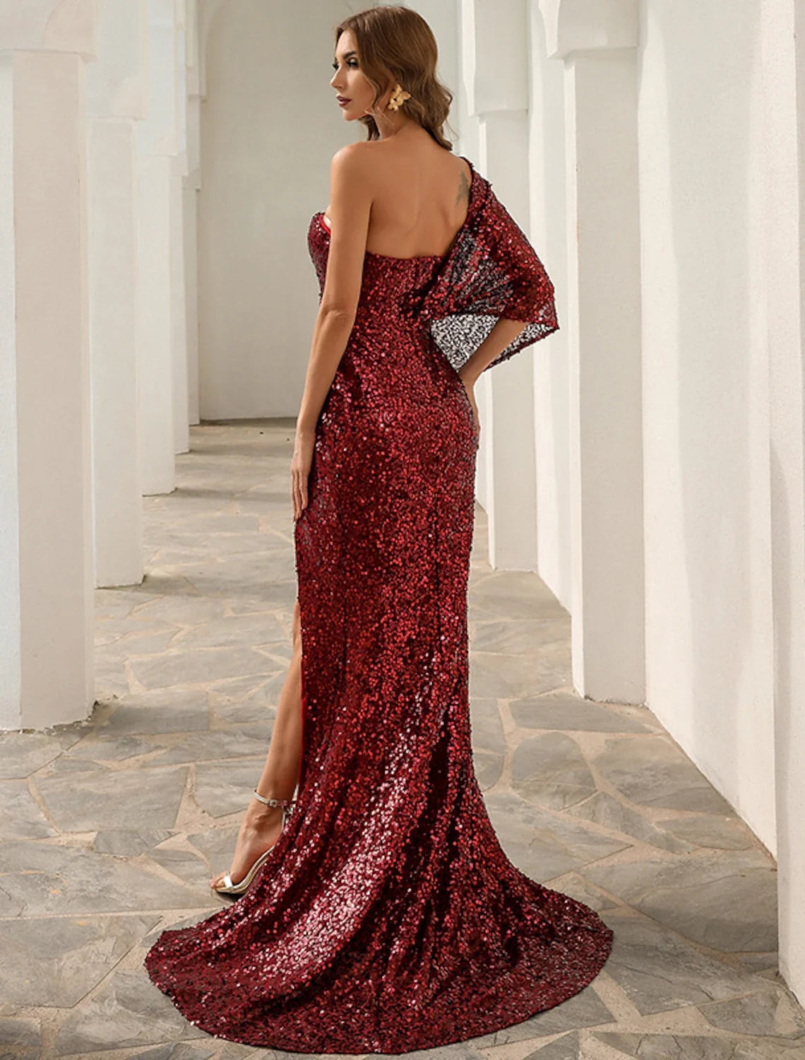 A-Line One-Shoulder Sequin Sleeveless High Slit Evening Gown - Chloe Dress