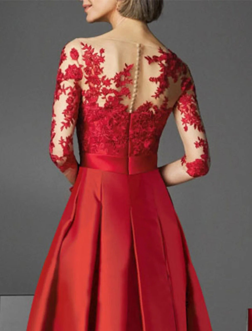 Green A-Line Off-Shoulder Satin Three-Quarter Sleeve Pleated Tea-Length Wedding Dress - Chloe Dress