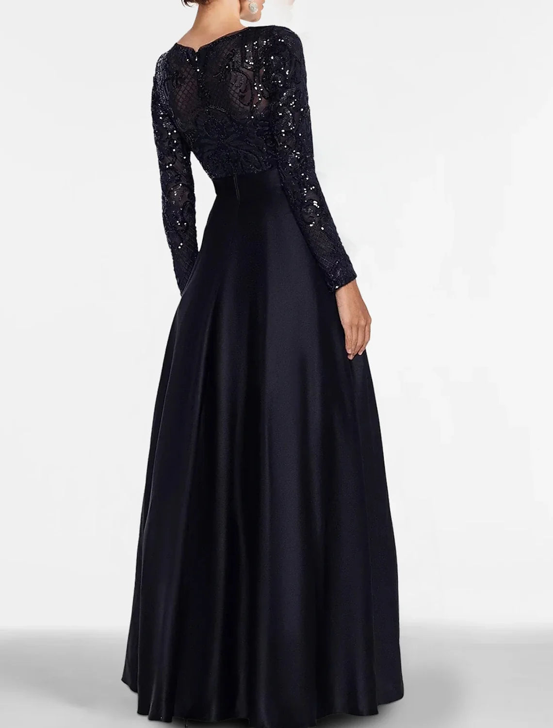 Black A-Line Off-Shoulder Satin Long Sleeve High Slit Floor-Length Evening Gown - Chloe Dress