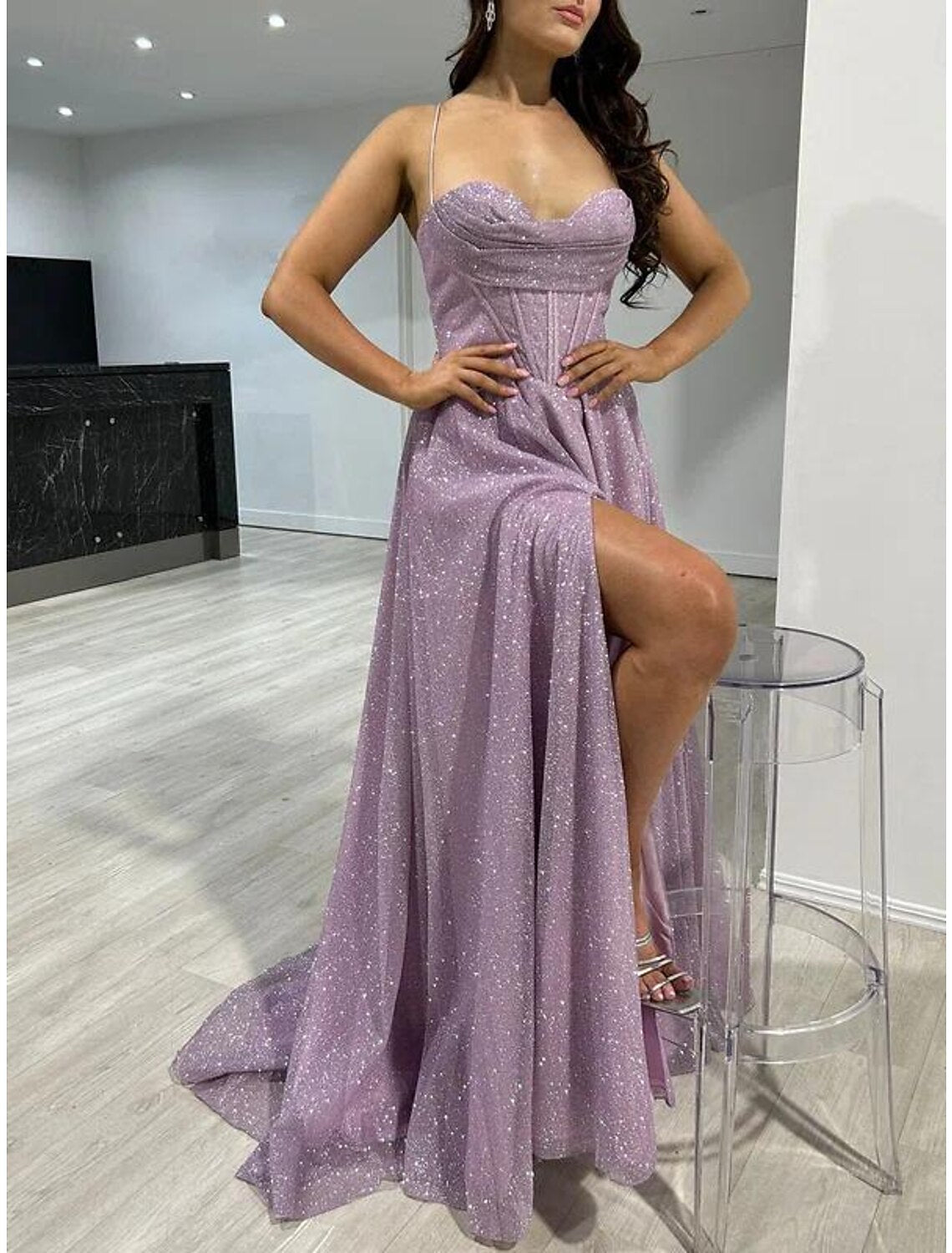 A-Line Spaghetti Strap Tulle Sleeveless Lace-Up Back Pleated Prom Dress - Chloe Dress