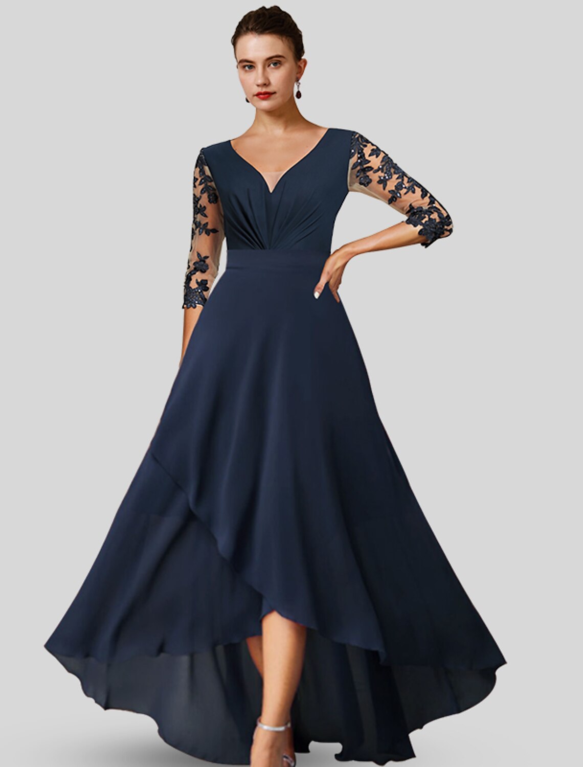 A-Line V-Neck Chiffon Three-Quarter Sleeve Asymmetric Tea-Length Wedding Dress - Chloe Dress