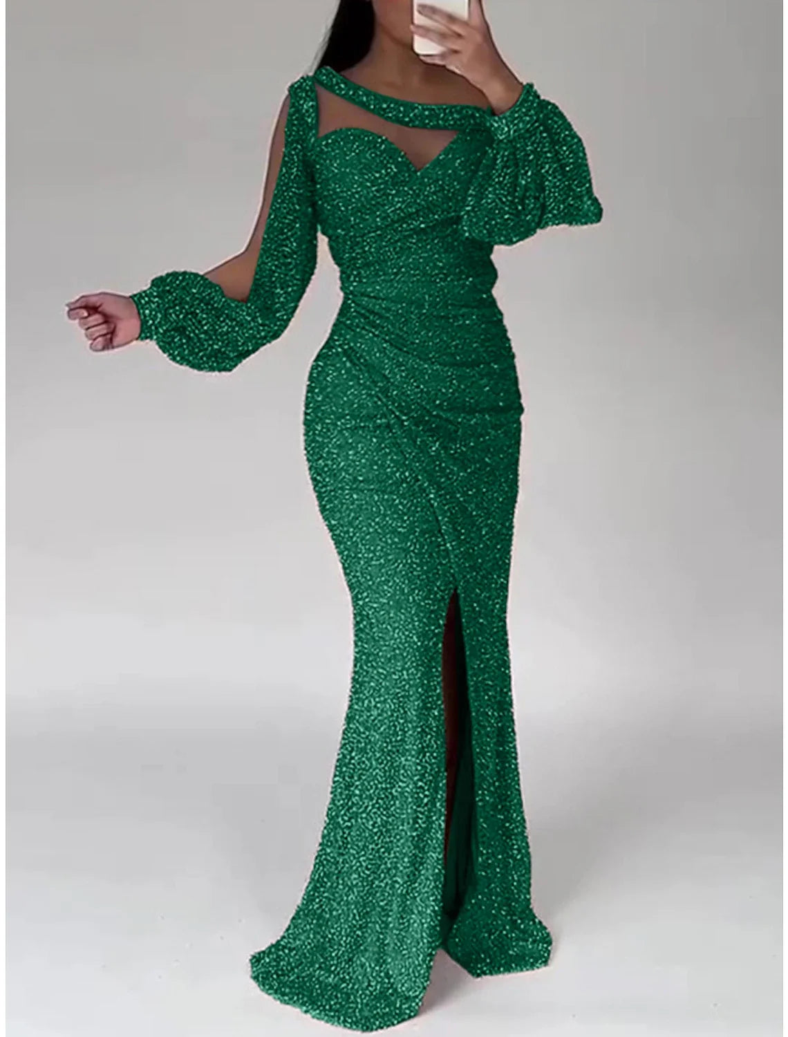 Green Mermaid Sequin Long Sleeve High Slit Evening Gown - Chloe Dress