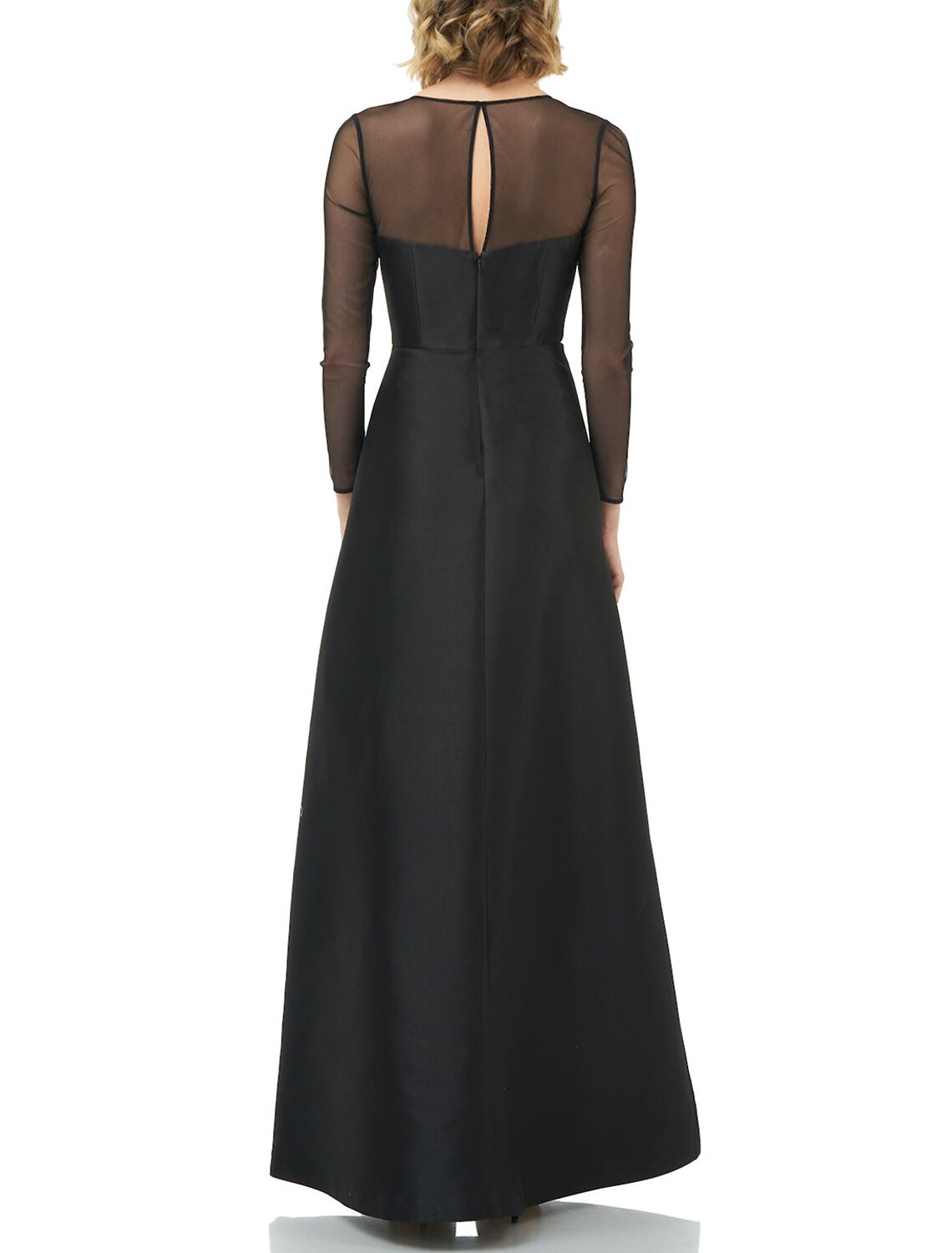 Black A-Line Satin Long Sleeve Ruffled Floor-Length Evening Dress - Chloe Dress