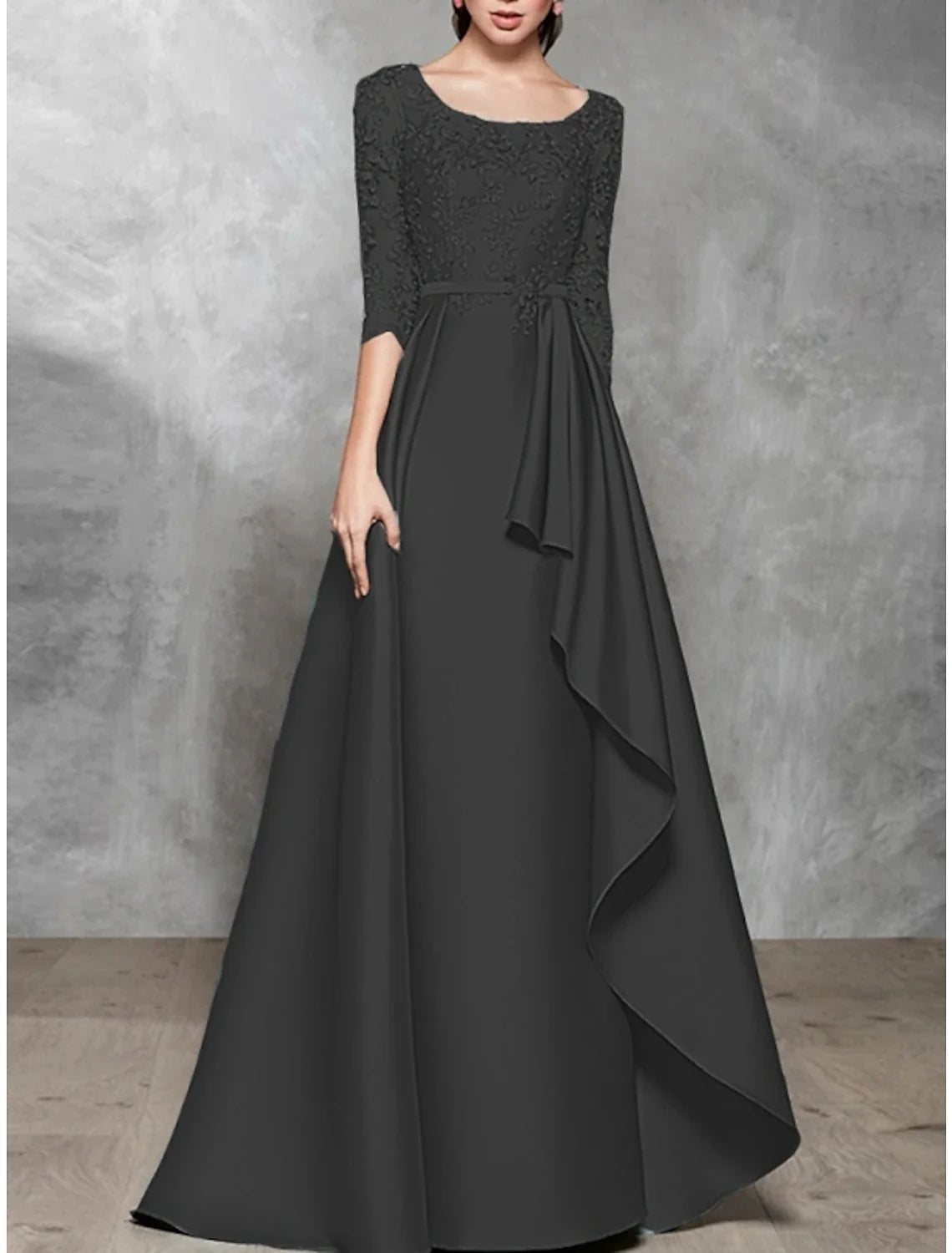 Black A-Line Satin Pleated Floor-Length Evening Gown - Chloe Dress