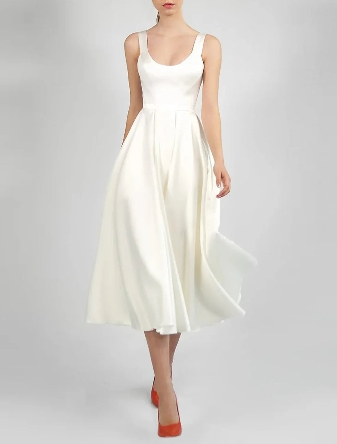 White A-Line Satin Sleeveless Pleated Tea-Length Wedding Gown - Chloe Dress