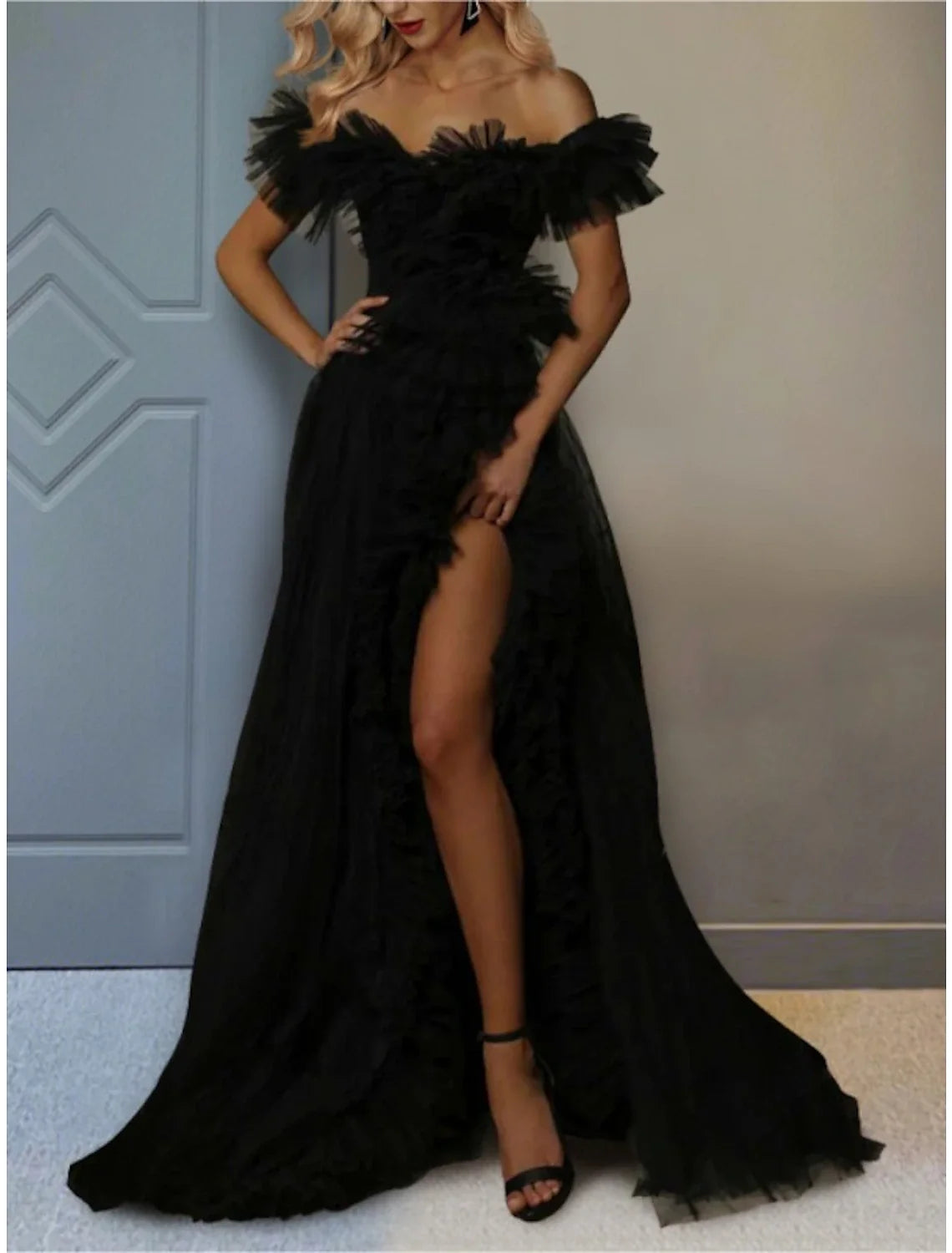A-Line Off-Shoulder Tulle Short Sleeve High Slit Mini Prom Dress - Chloe Dress