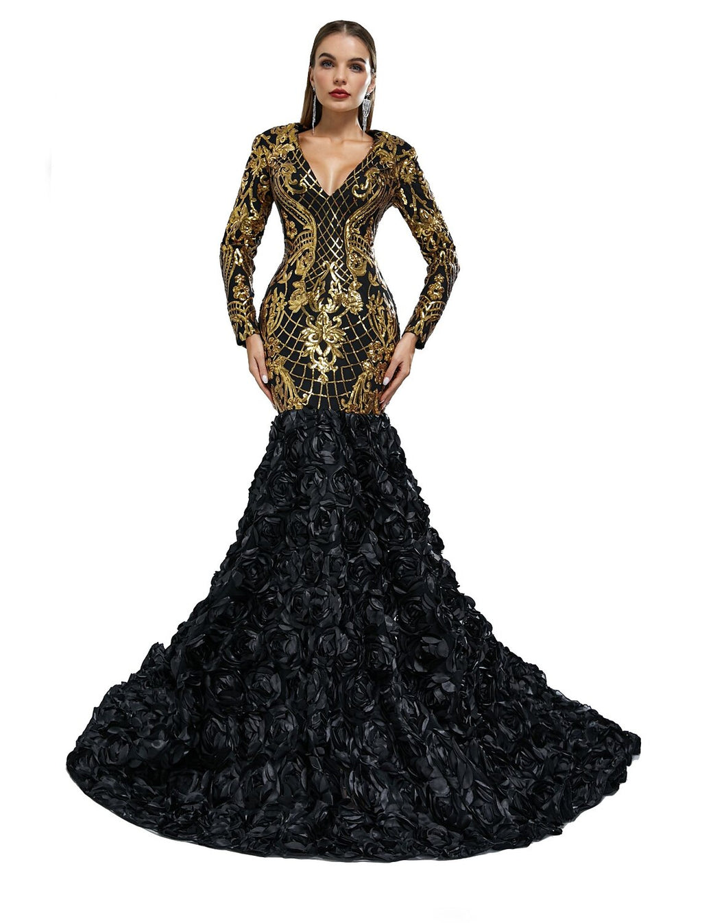 Mermaid V-Neck Sequin Long Sleeve Train Evening Gown - Chloe Dress