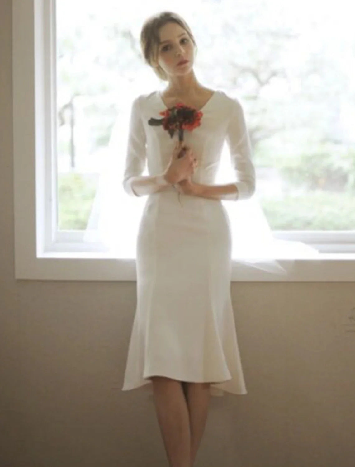 White Mermaid V-Neck Satin Three-Quarter Sleeve Asymmetric Wedding Gown - Chloe Dress