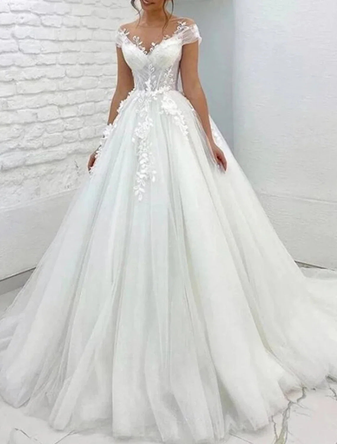 Ball Gown V-Neck Lace Cap Sleeve Train Wedding Gown - Chloe Dress