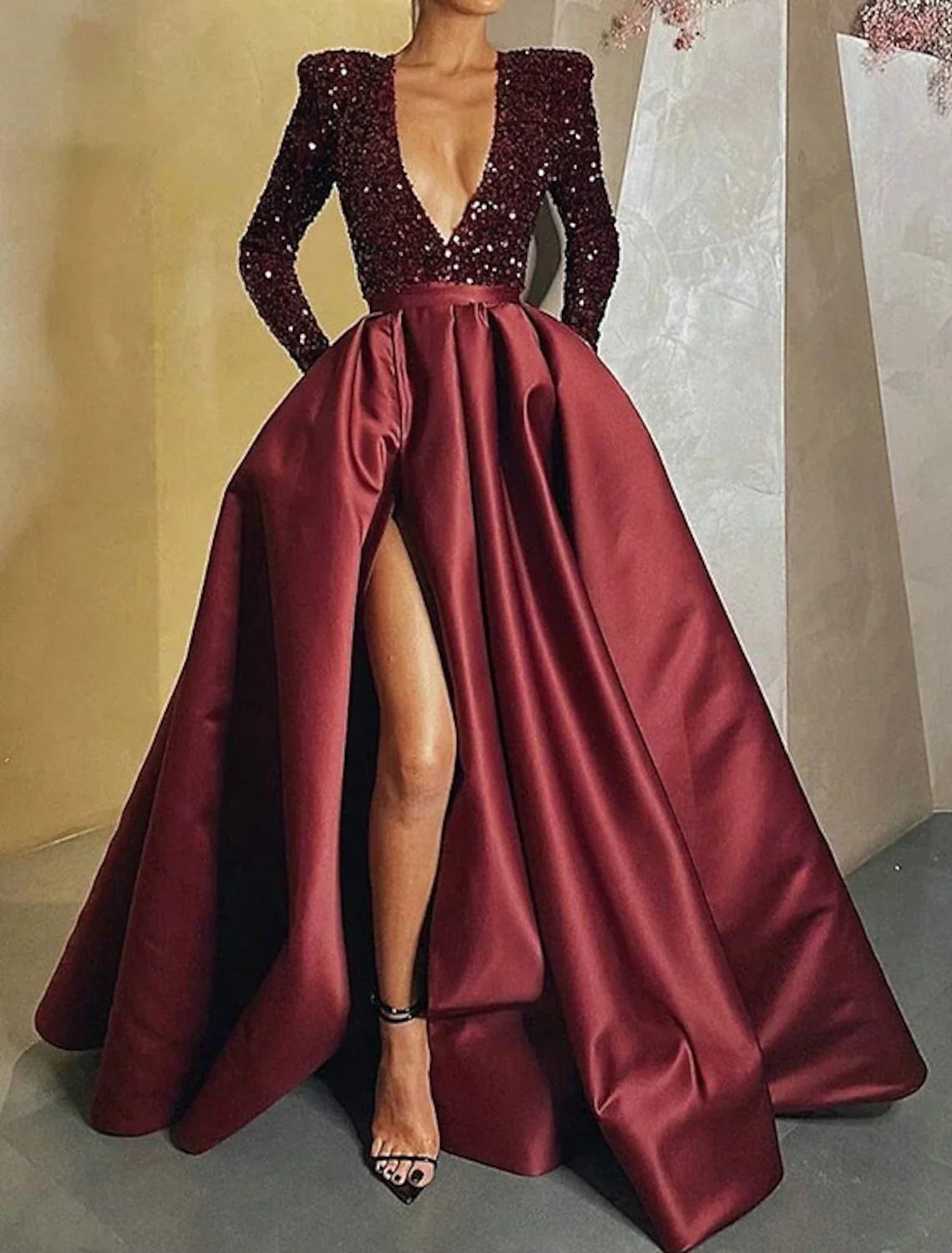 Black Ball Gown V-Neck Satin Long Sleeve Floor-Length Evening Gown - Chloe Dress