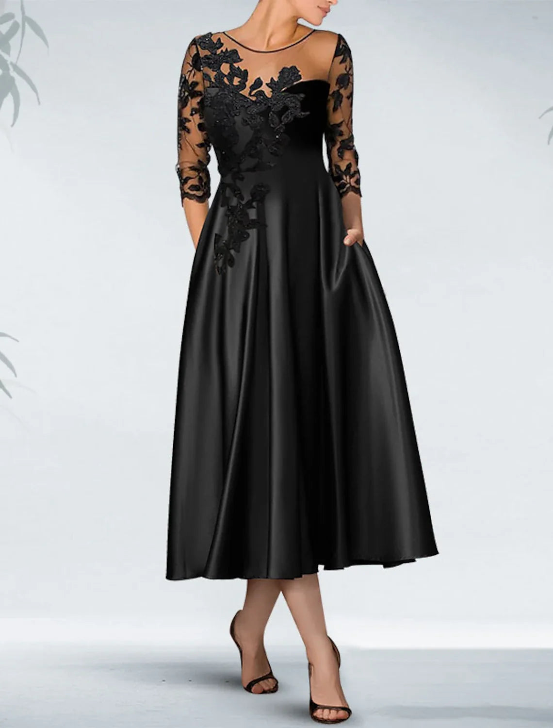 Black A-Line Off-Shoulder Satin Three-Quarter Sleeve Applique Knee-Length Wedding Dress - Chloe Dress