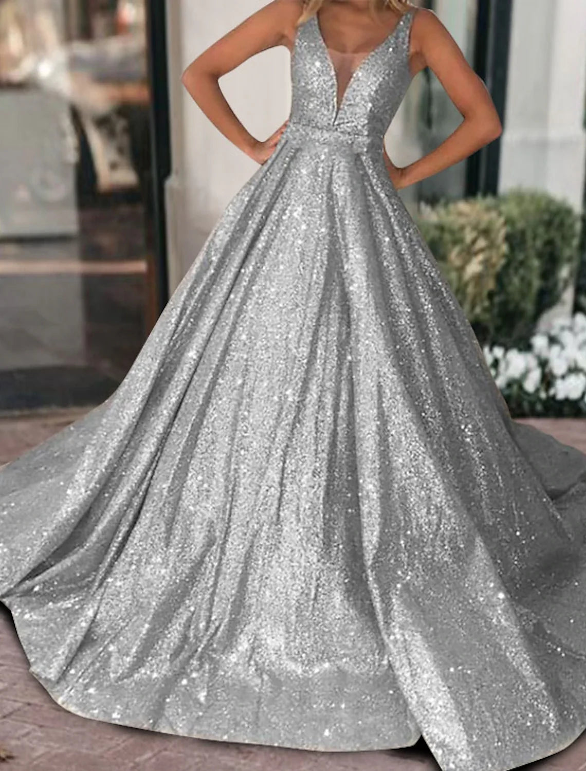 Black Ball Gown V-Neck Tulle Sleeveless Train Prom Gown - Chloe Dress