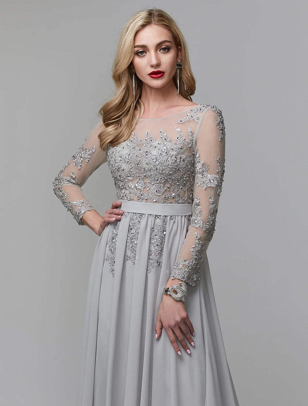 A-Line Illusion Chiffon Long Sleeve Open Back Train Evening Dress - Chloe Dress