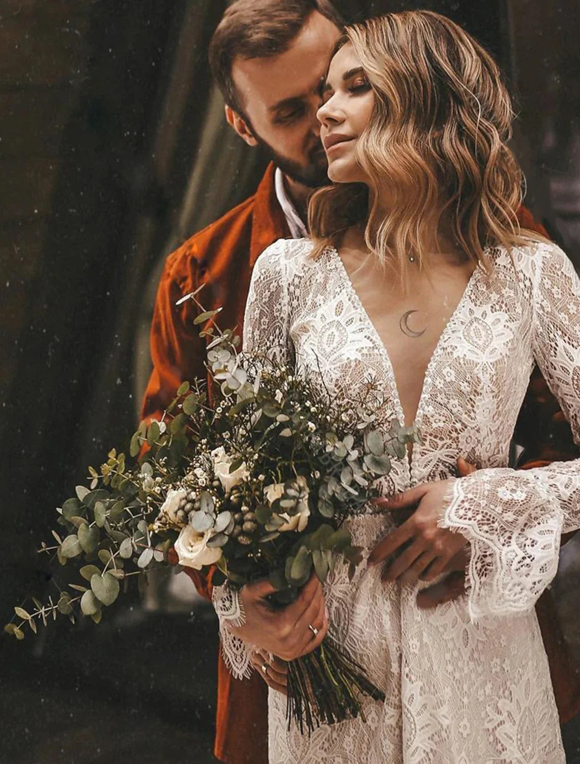 A-Line V-Neck Lace Long Sleeve Open Back Train Wedding Gown - Chloe Dress