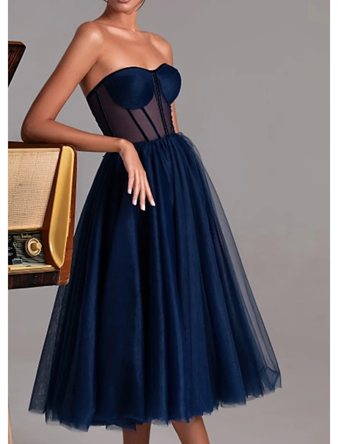 Black A-Line Sweetheart Tulle Sleeveless Pleated Tea-Length Prom Dress - Chloe Dress