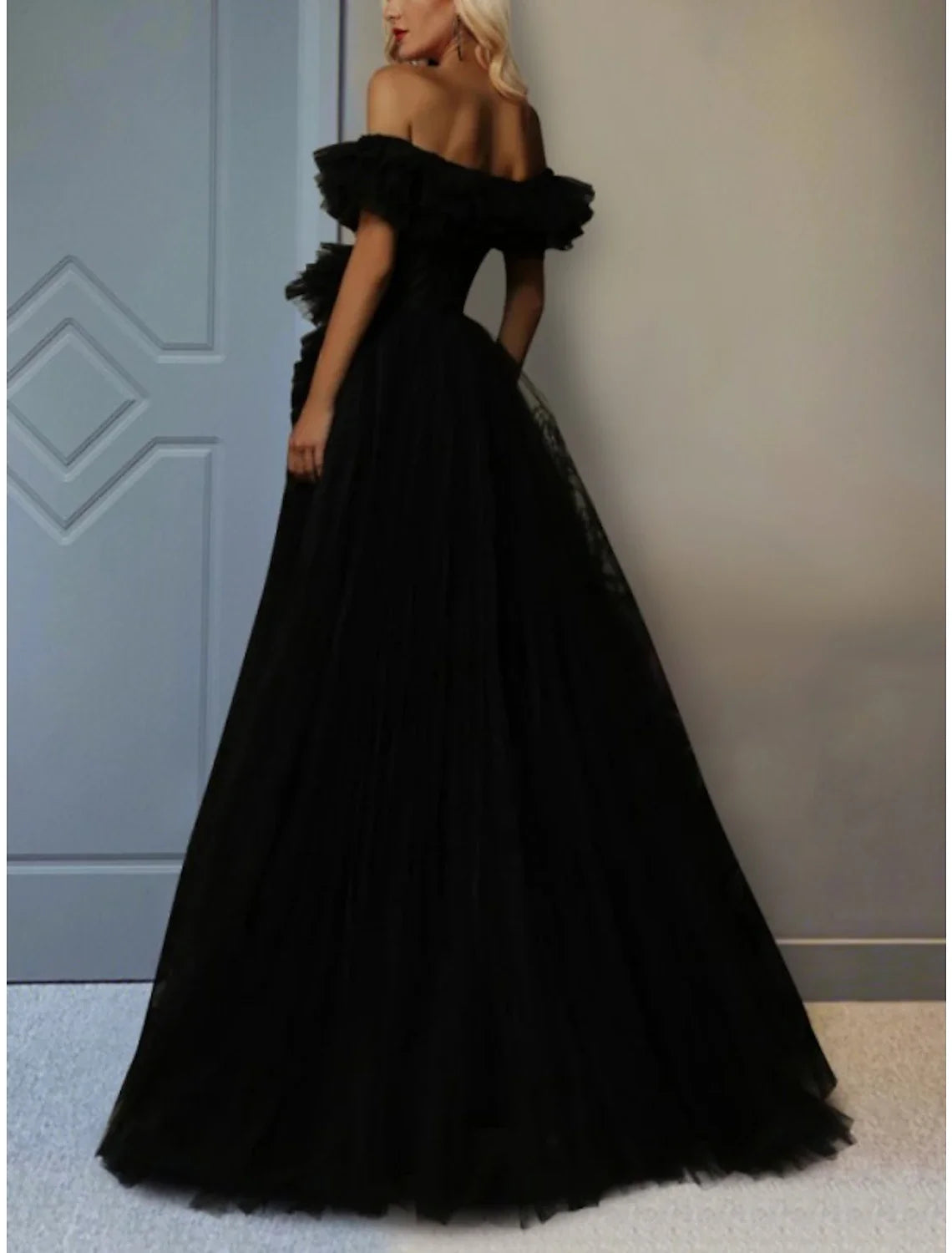 A-Line Off-Shoulder Tulle Short Sleeve High Slit Mini Prom Dress - Chloe Dress