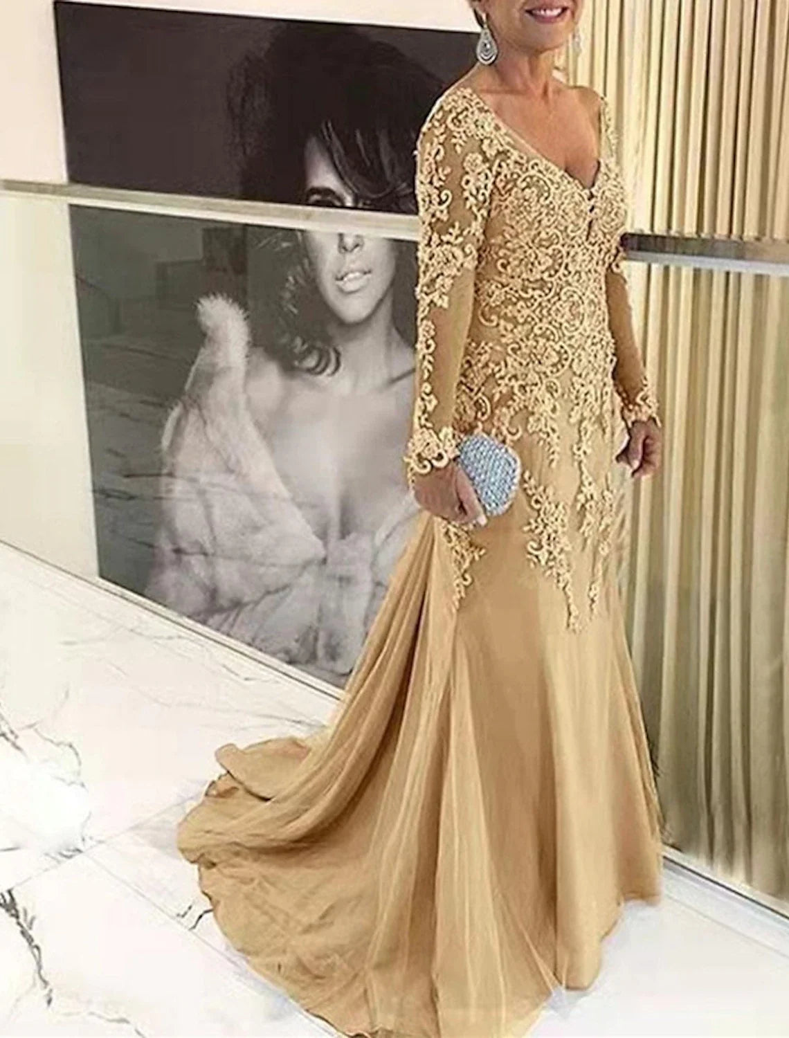 Mermaid V-Neck Lace Long Sleeve Train Wedding Dress - Chloe Dress