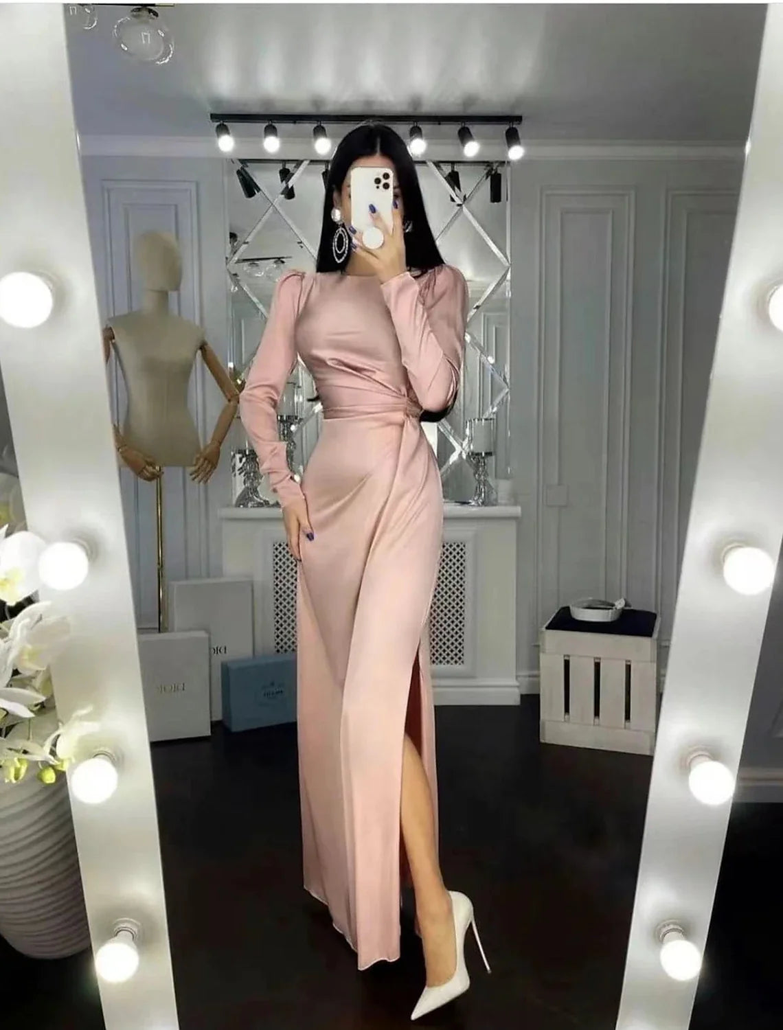 Sheath High Neck Satin Long Sleeve Floor-Length Evening Gown - Chloe Dress