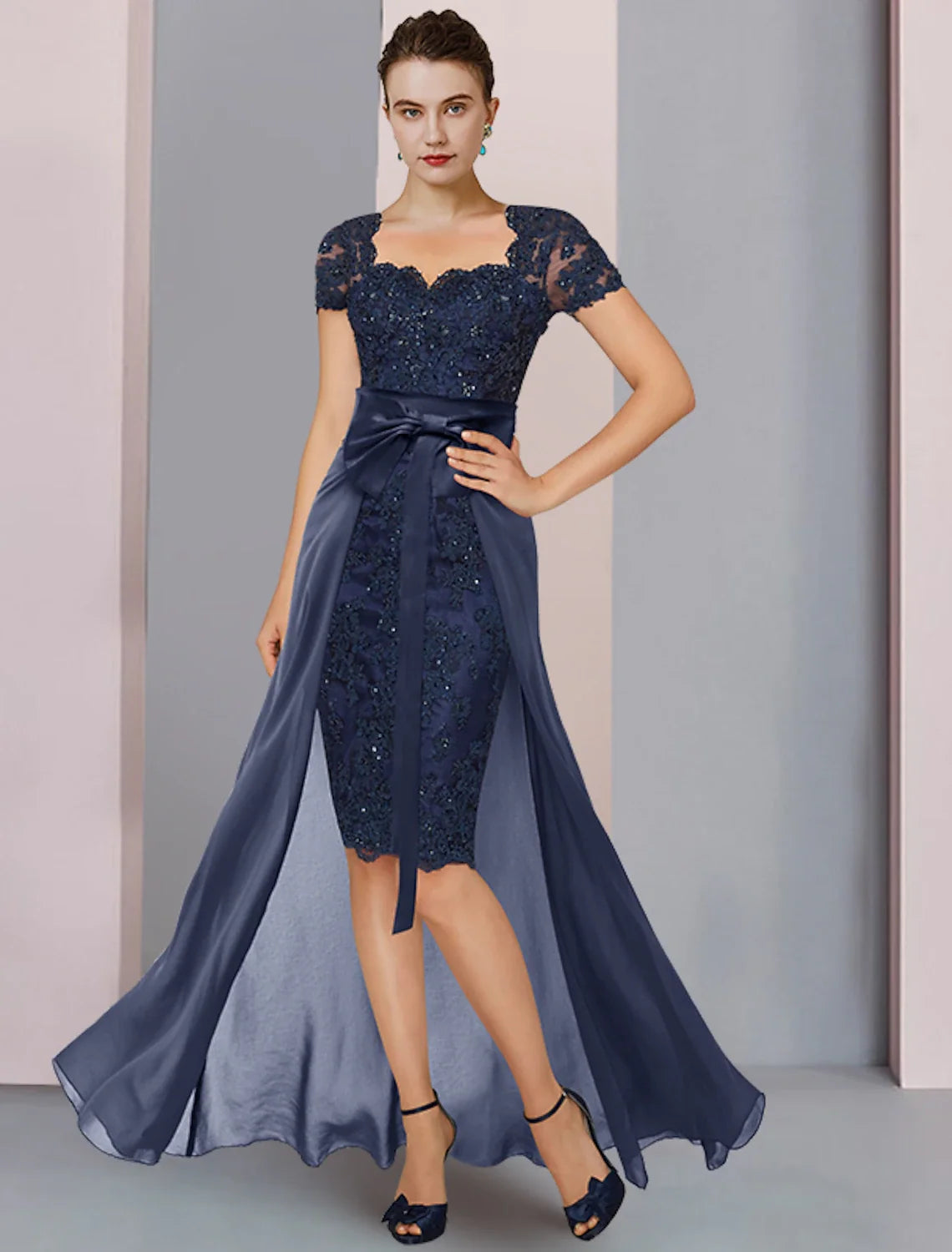 Sheath Square Neck Chiffon Short Sleeve Mini Wedding Dress - Chloe Dress