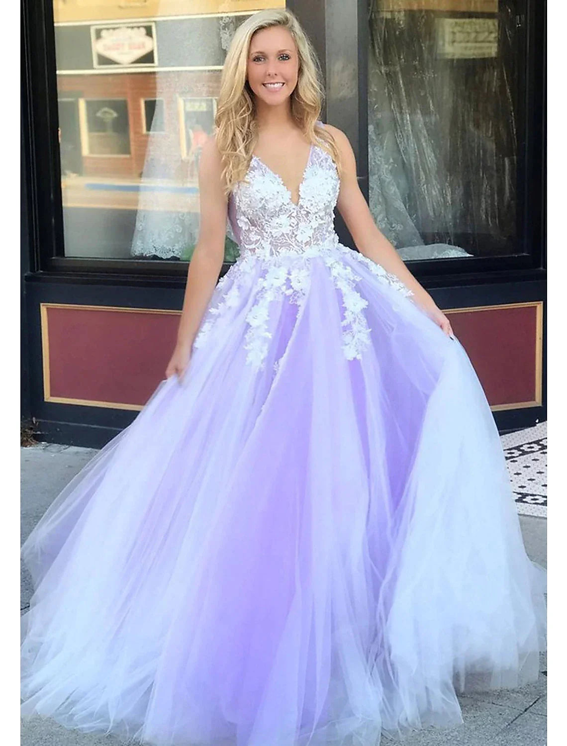 A-Line V-Neck Tulle Sleeveless Backless Applique Floor-Length Prom Gown - Chloe Dress