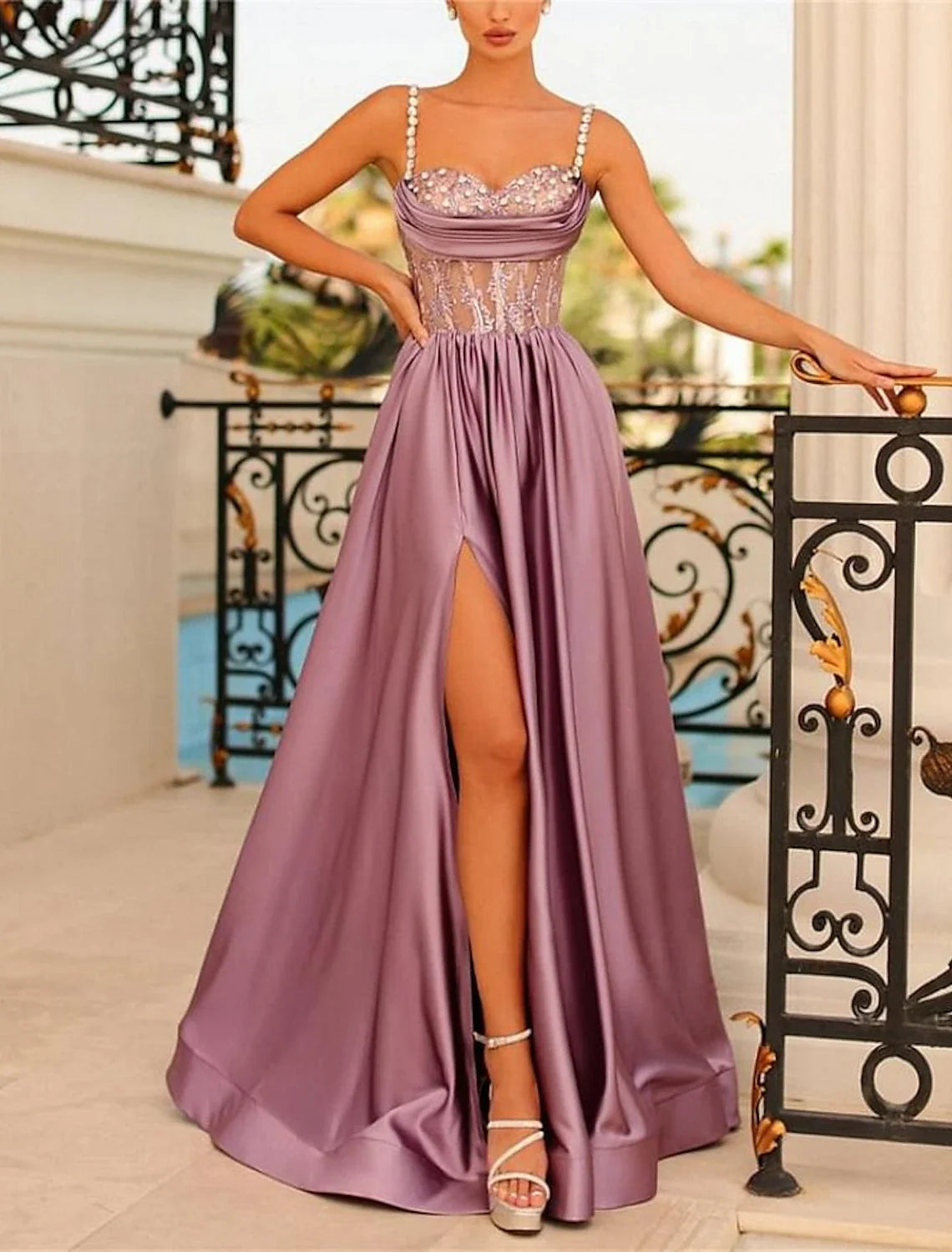 A-Line Spaghetti Strap Satin Sleeveless Backless High Slit Evening Gown - Chloe Dress