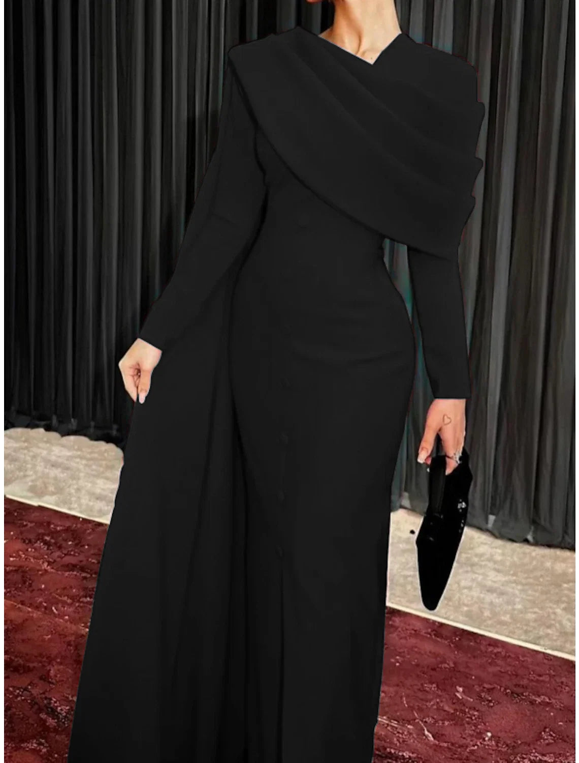 Black Sheath Cowl Neck Long Sleeve Button Back High Slit Evening Gown - Chloe Dress