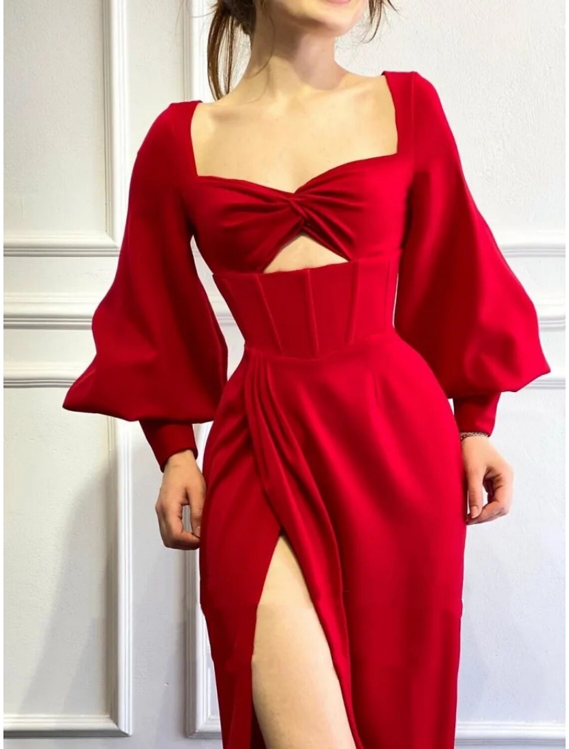 A-Line Square Neck Long Sleeve High Slit Floor-Length Evening Gown - Chloe Dress