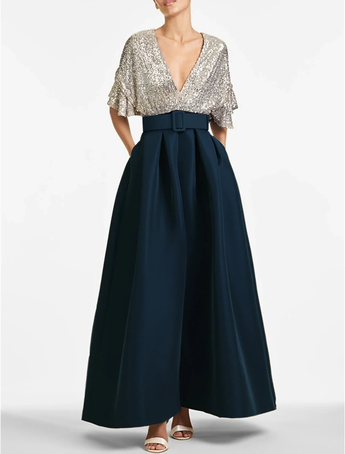 A-Line V-Neck Sequin Ankle-Length Evening Gown - Chloe Dress