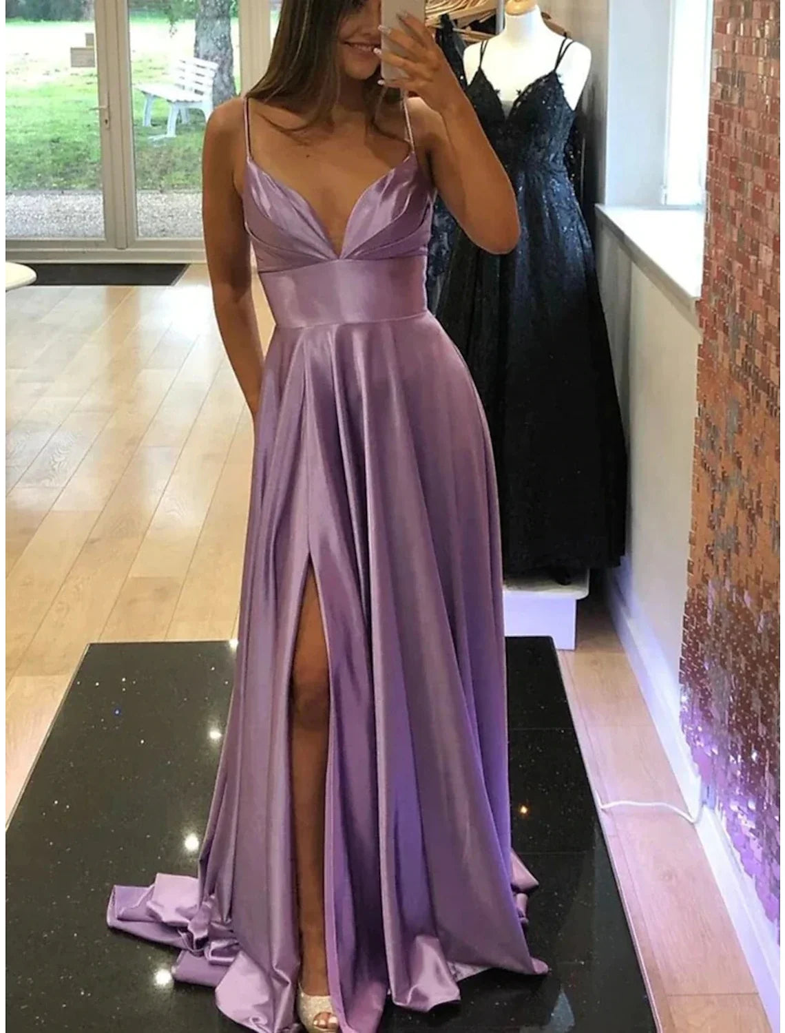 Black A-Line V-Neck Sleeveless Backless High Slit Prom Dress - Chloe Dress
